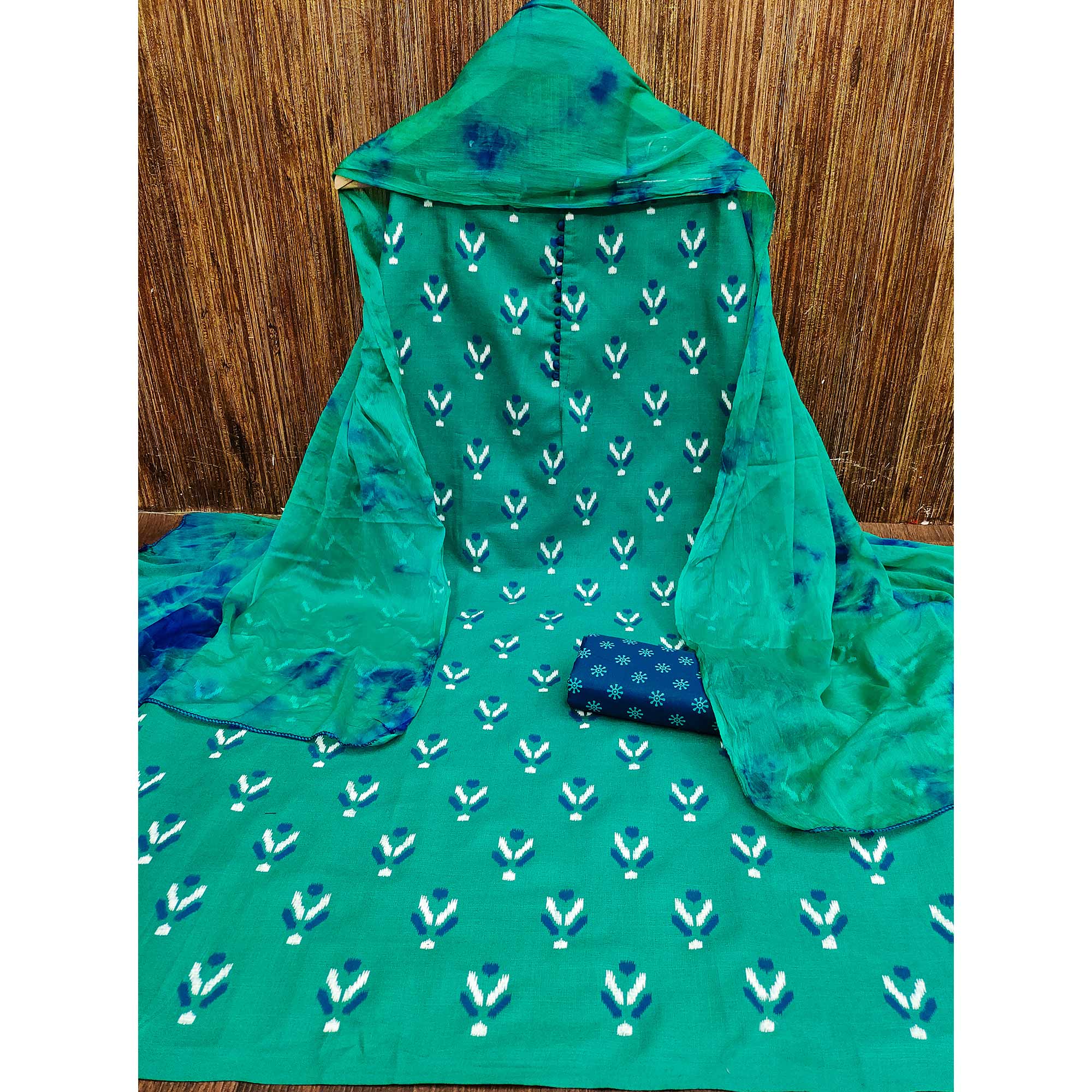 Rama Green Ikkat Printed Cotton Blend Dress Material