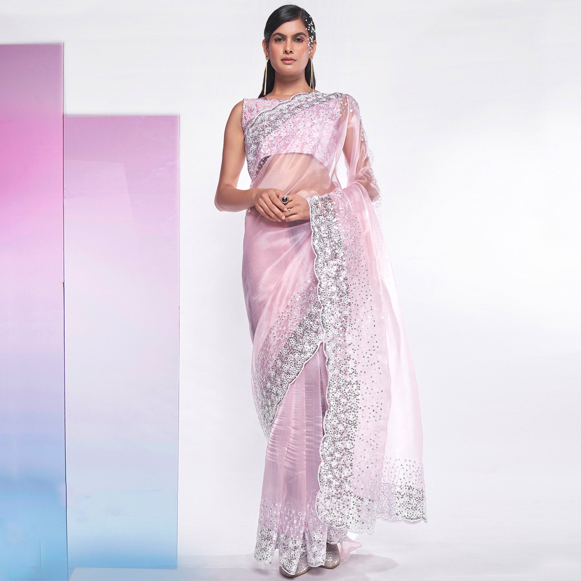 Pink Sequins Embroidered Organza Saree