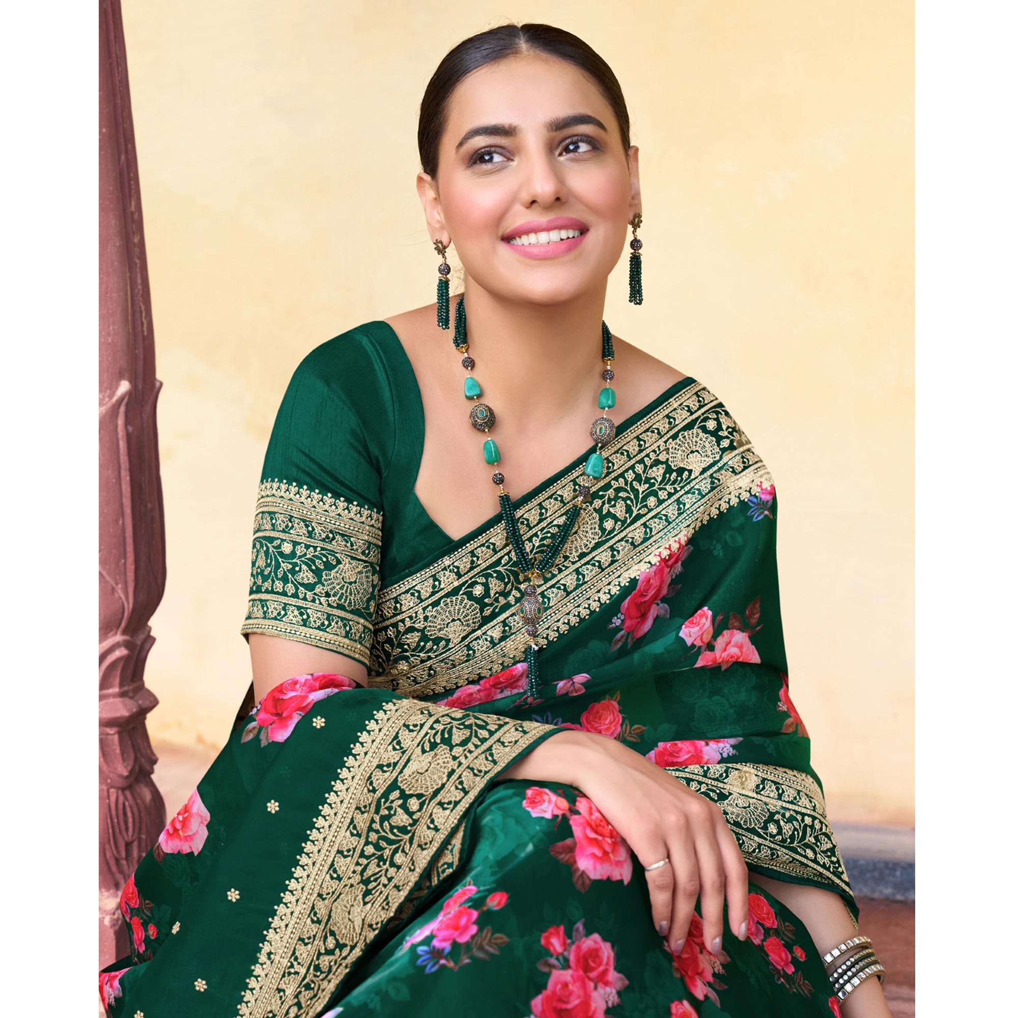 Green Floral Printed With Embroidered Organza Saree