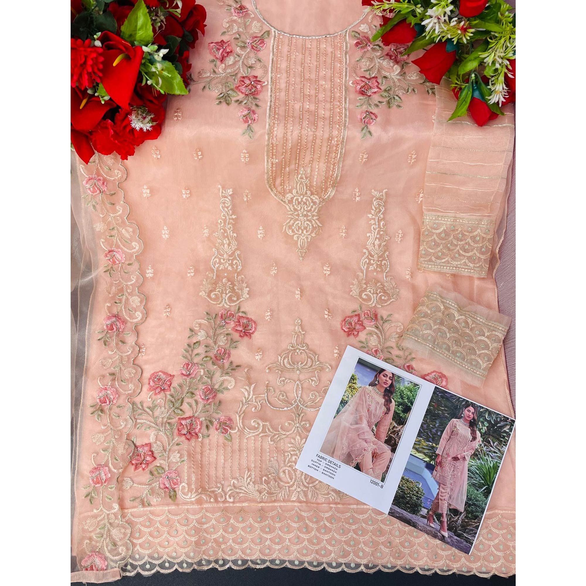 Peach Floral Embroidered Organza Pakistani Suit