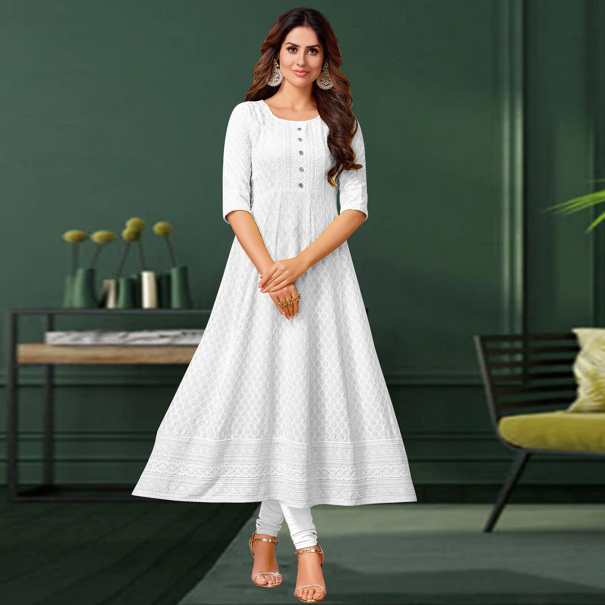 White Chikankari Work Aanarkali Style Rayon Kurti