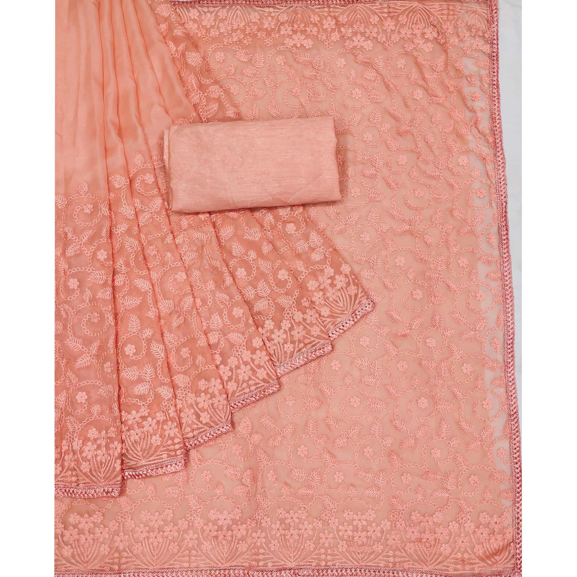 Peach Floral Embroidered Organza Saree