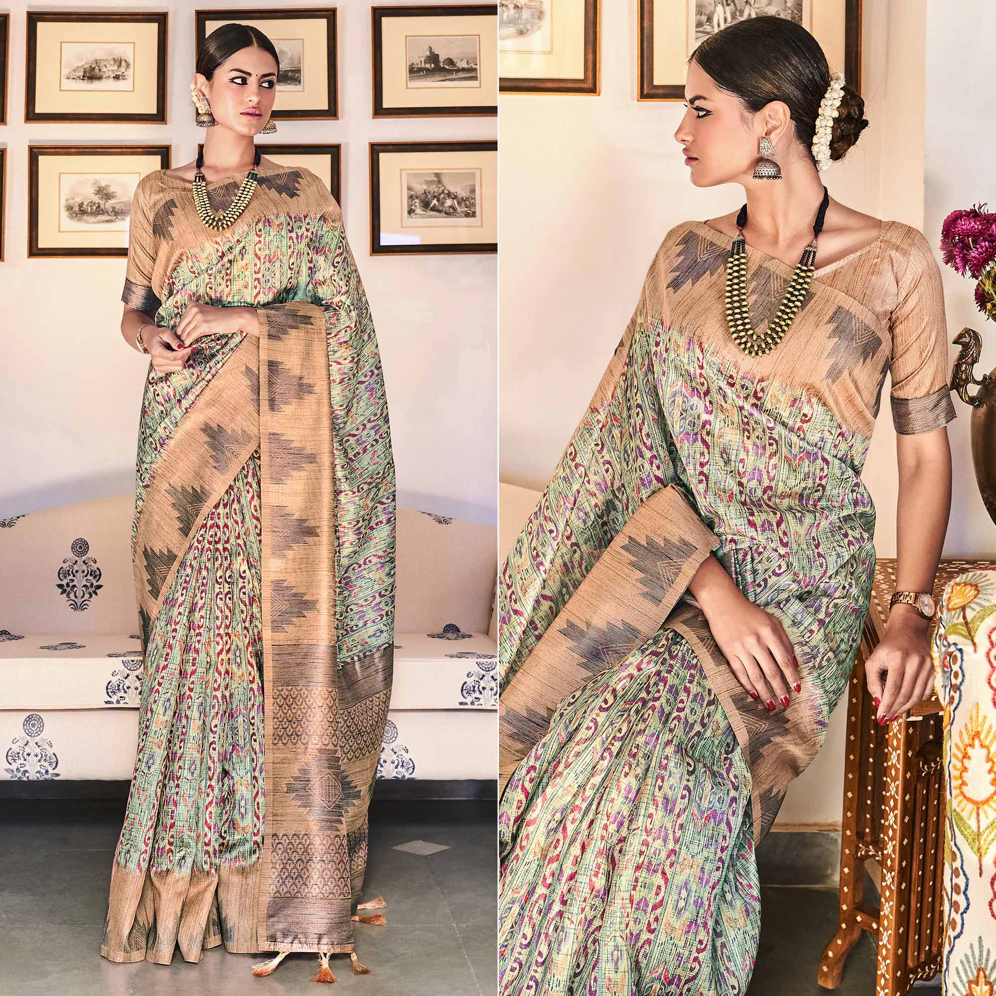 Green Digital Printed Raw Silk Saree With Tassels