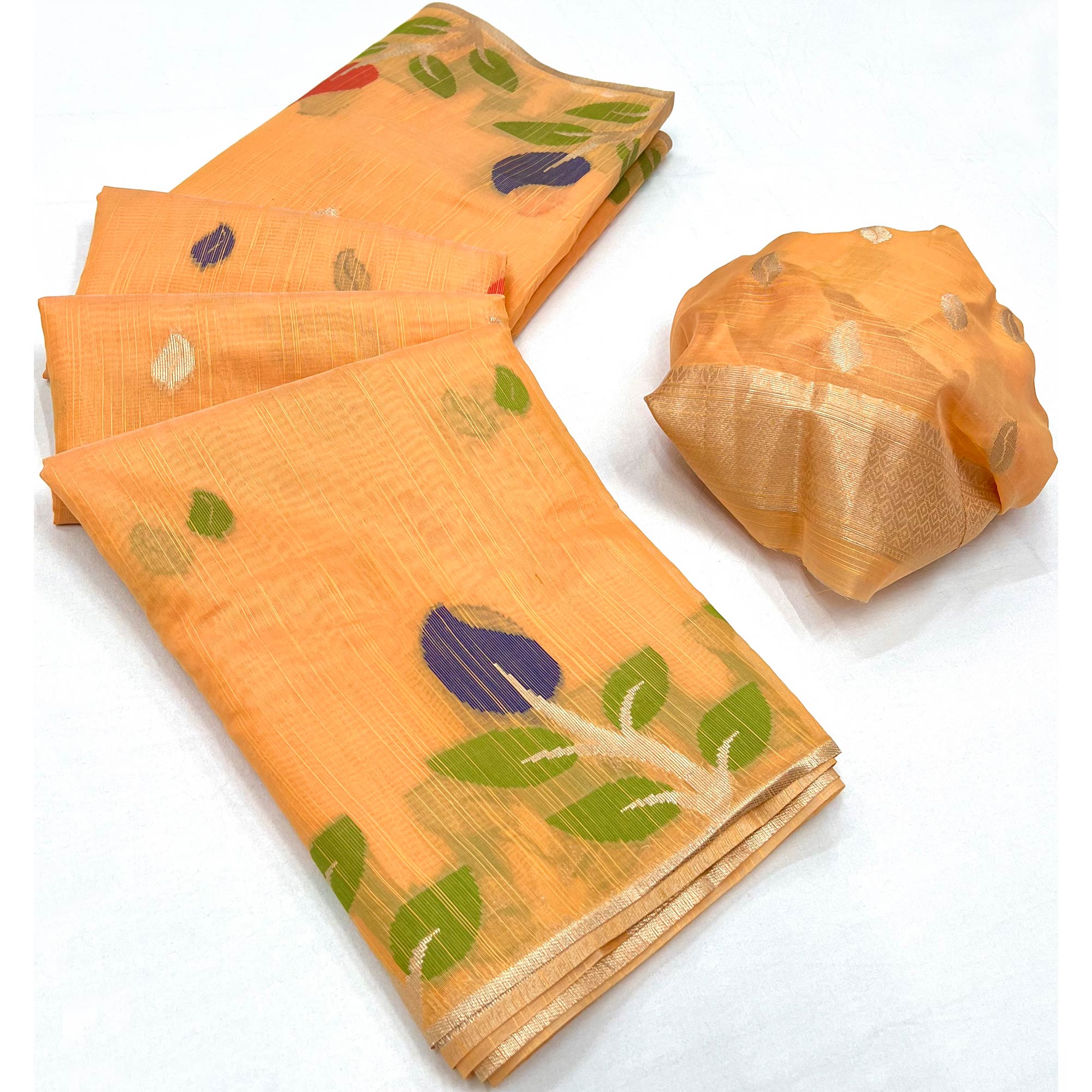 Orange Floral Woven Cotton Saree
