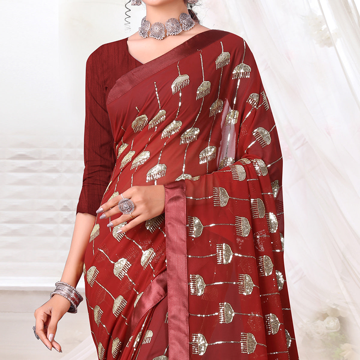 Maroon Sequins Embroidered Georgette Saree