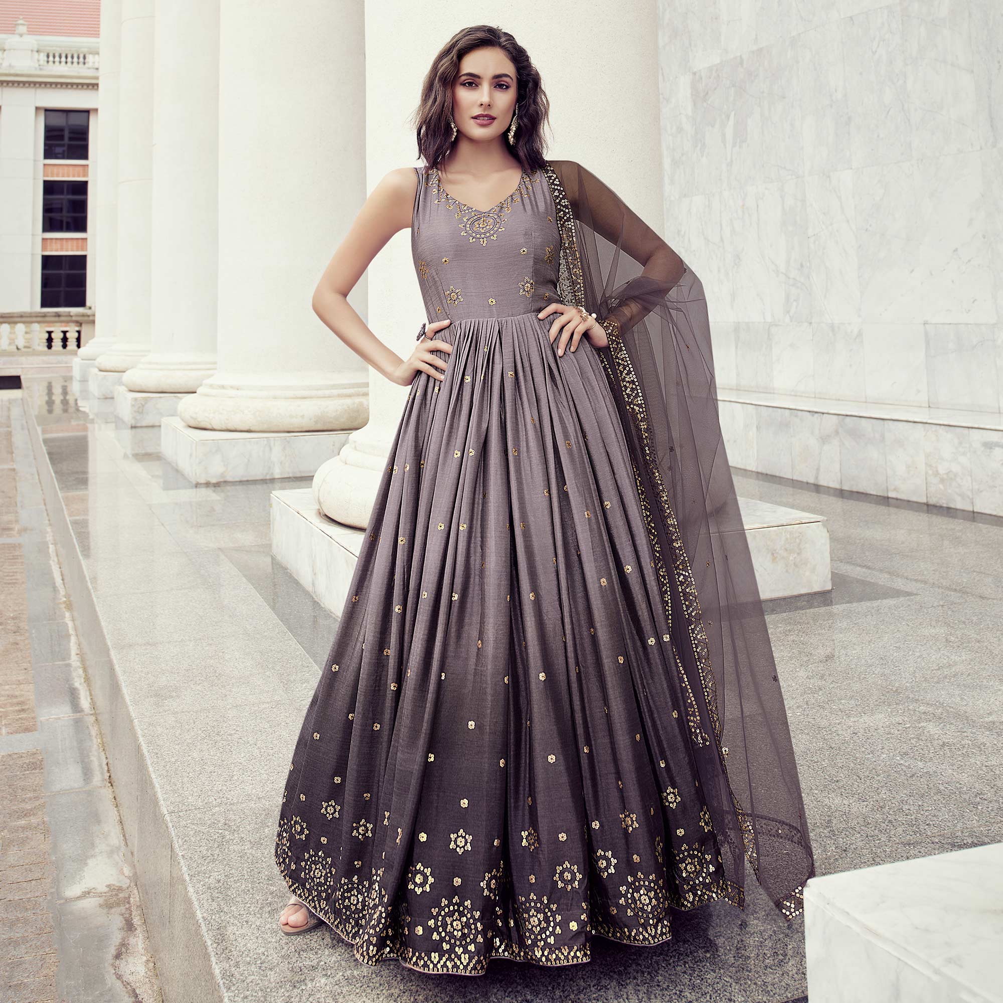 Light Violet Sequins Embroidered Chiffon Gown