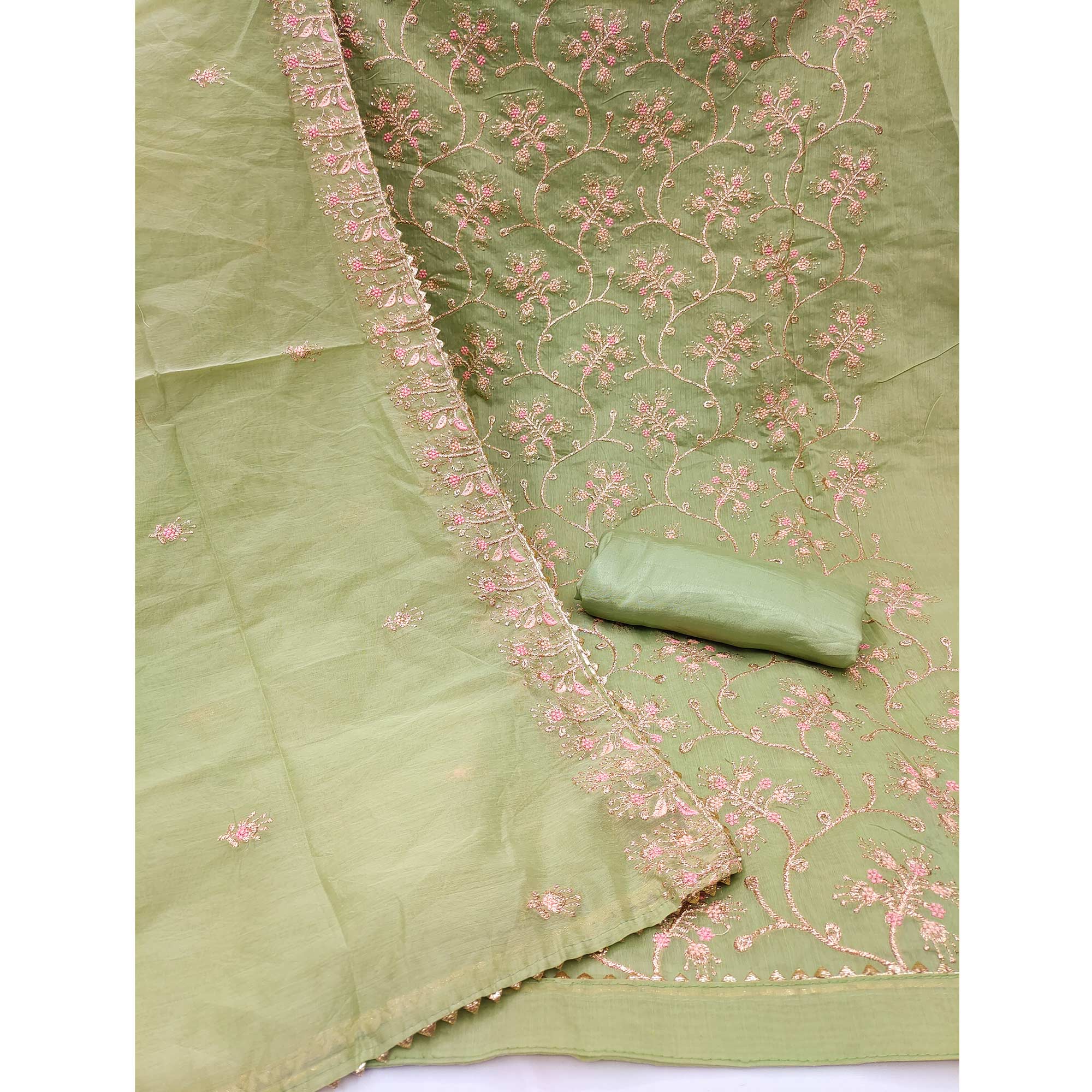 Green Floral Embroidered Chanderi Dress Material