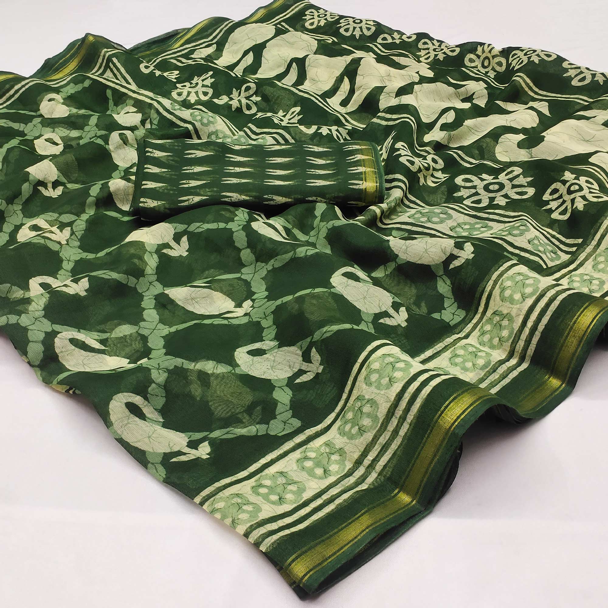 Green Printed Cotton Blend Saree