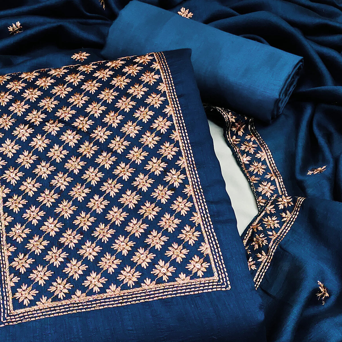 Blue Embroidered Modal Dress Material