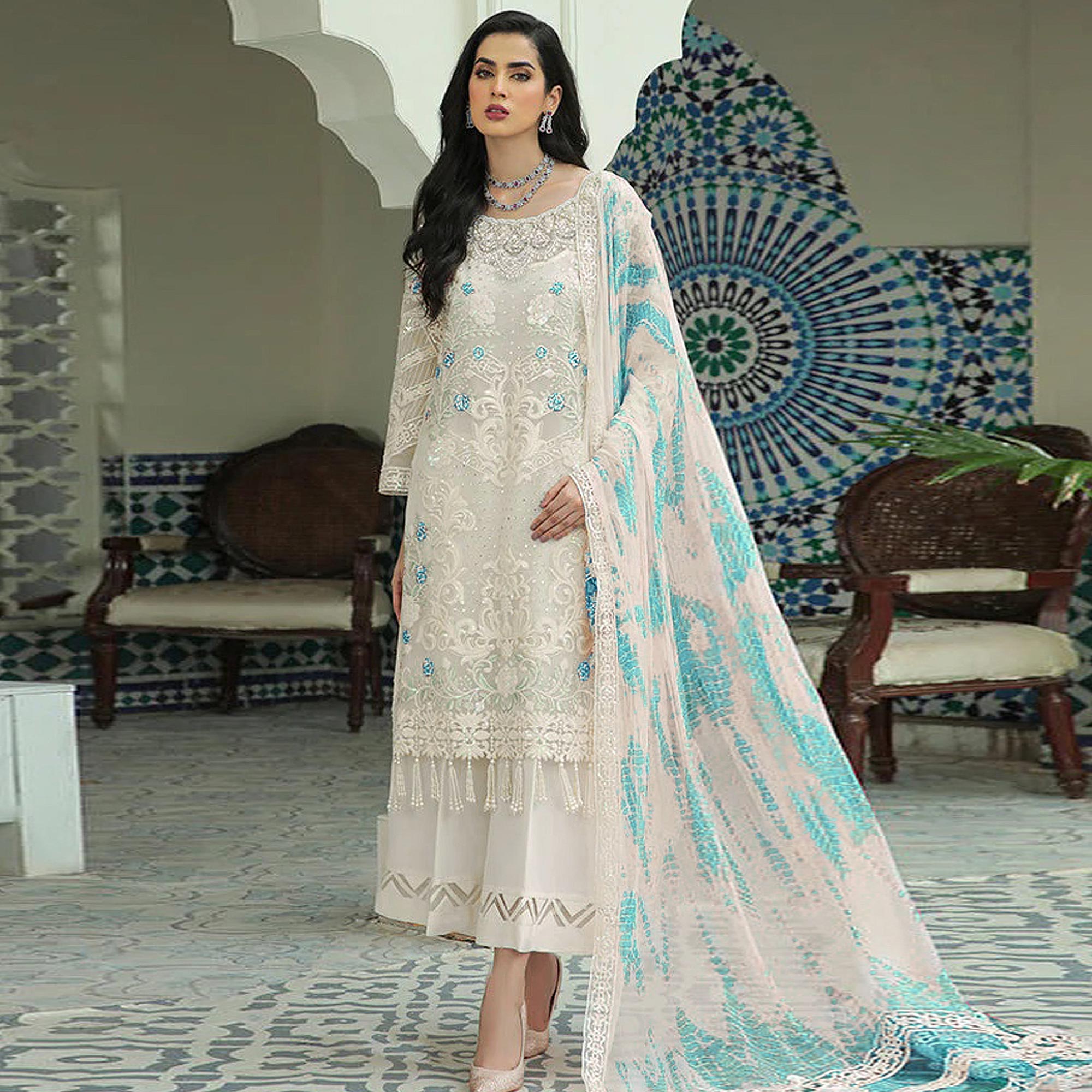 White Sequins Embroidered Georgette Pakistani Suit