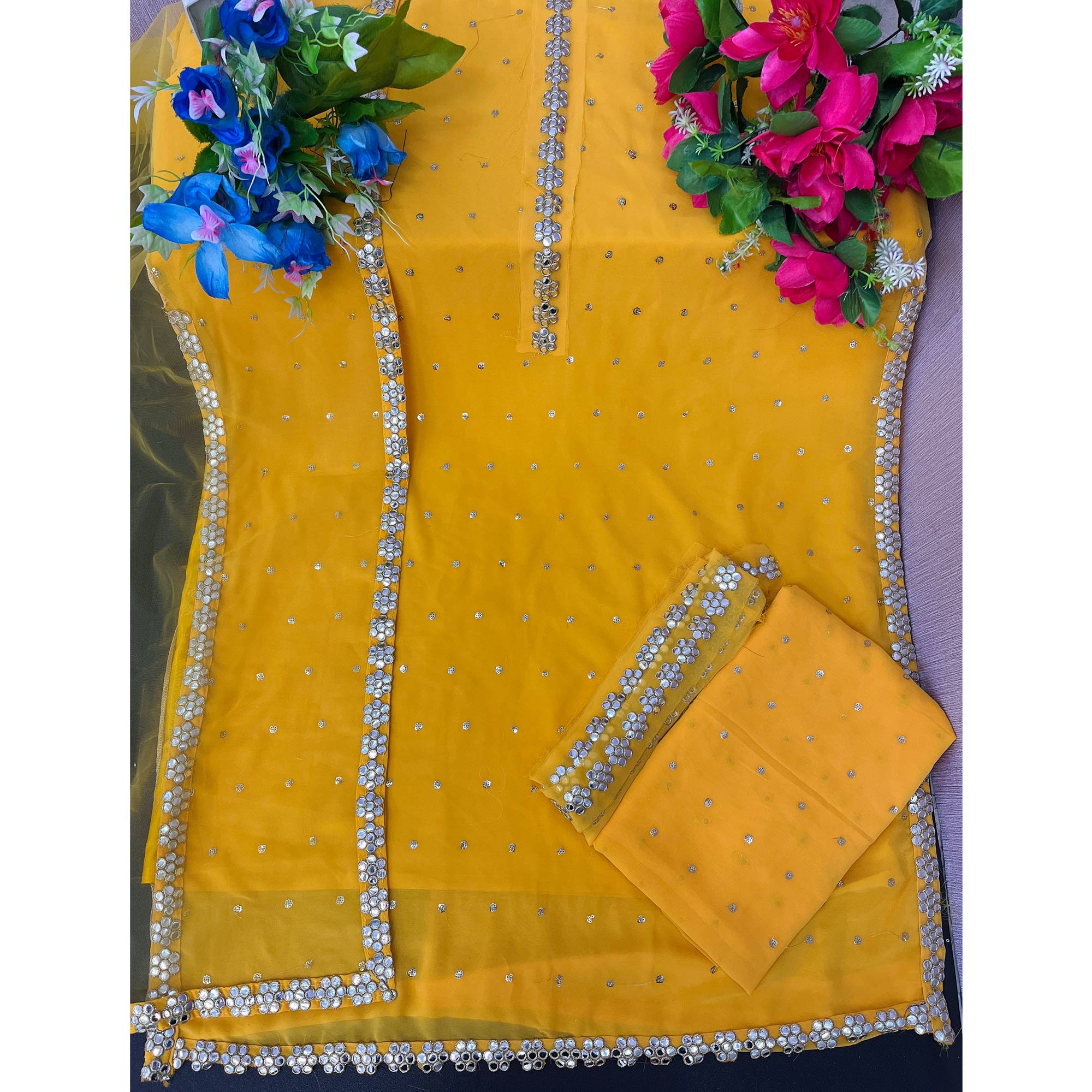 Yellow Sequins Embroidered Georgette Sharara Suit