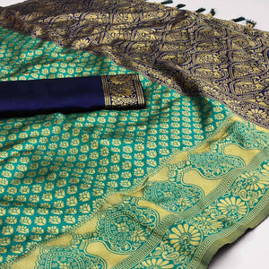 Rama Green Woven Banarasi Silk Saree With Tassels