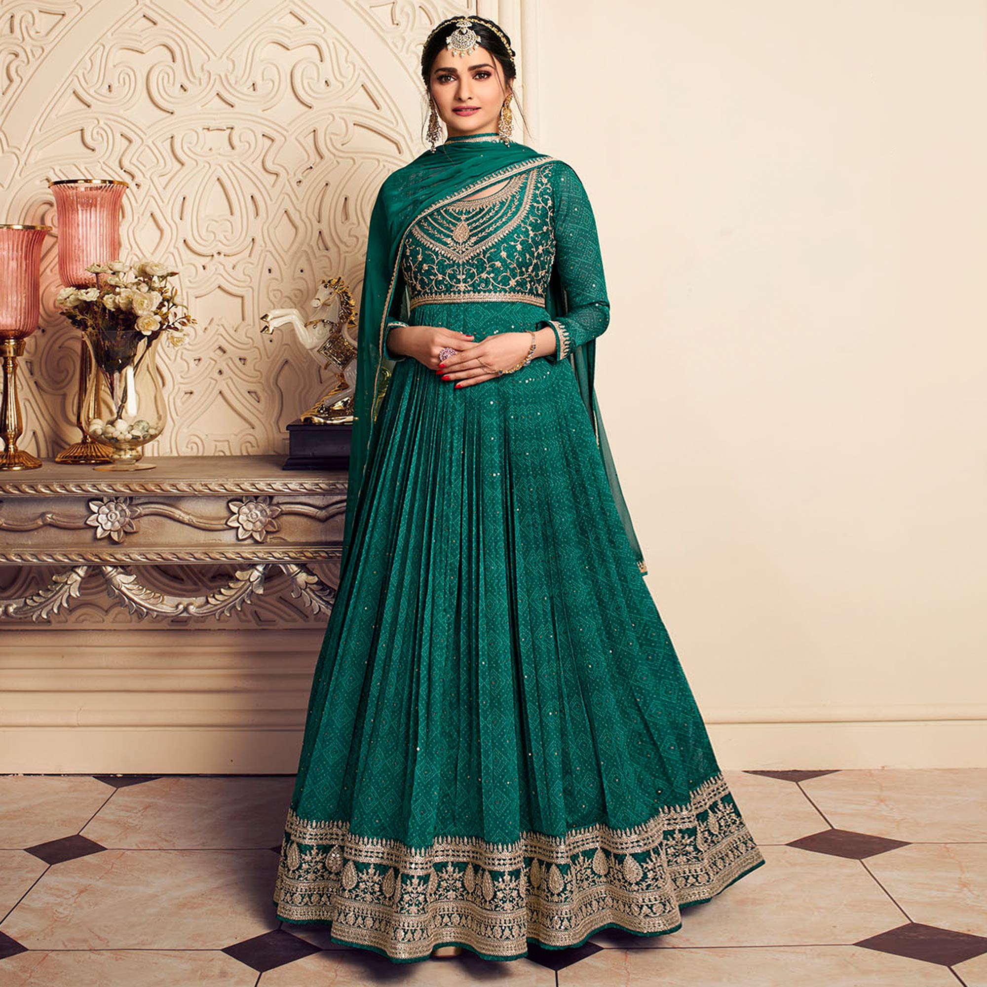 Aqua Green Printed With Embroidered Chiffon Gown