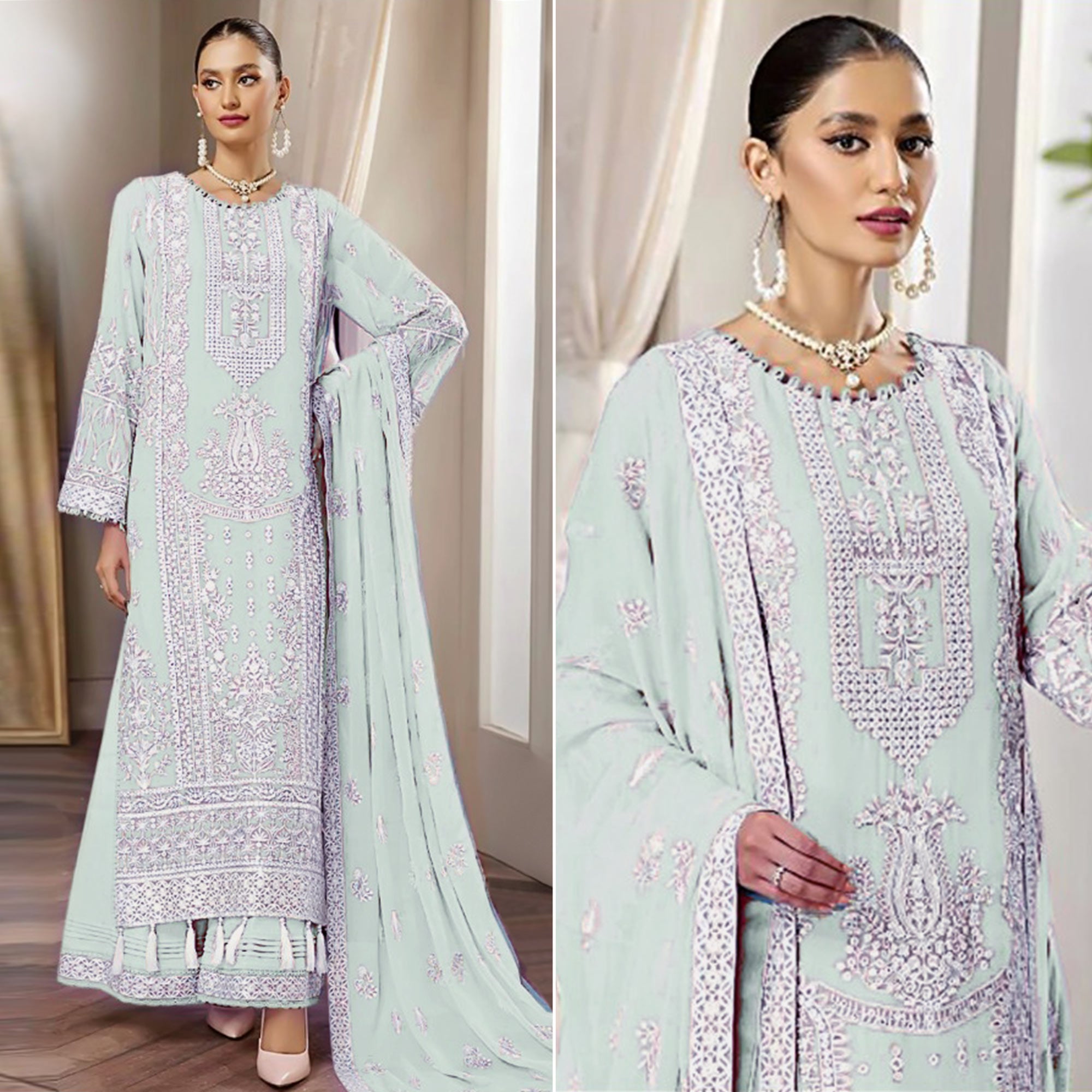 Light Pista Floral Embroidered Georgette Pakistani Suit