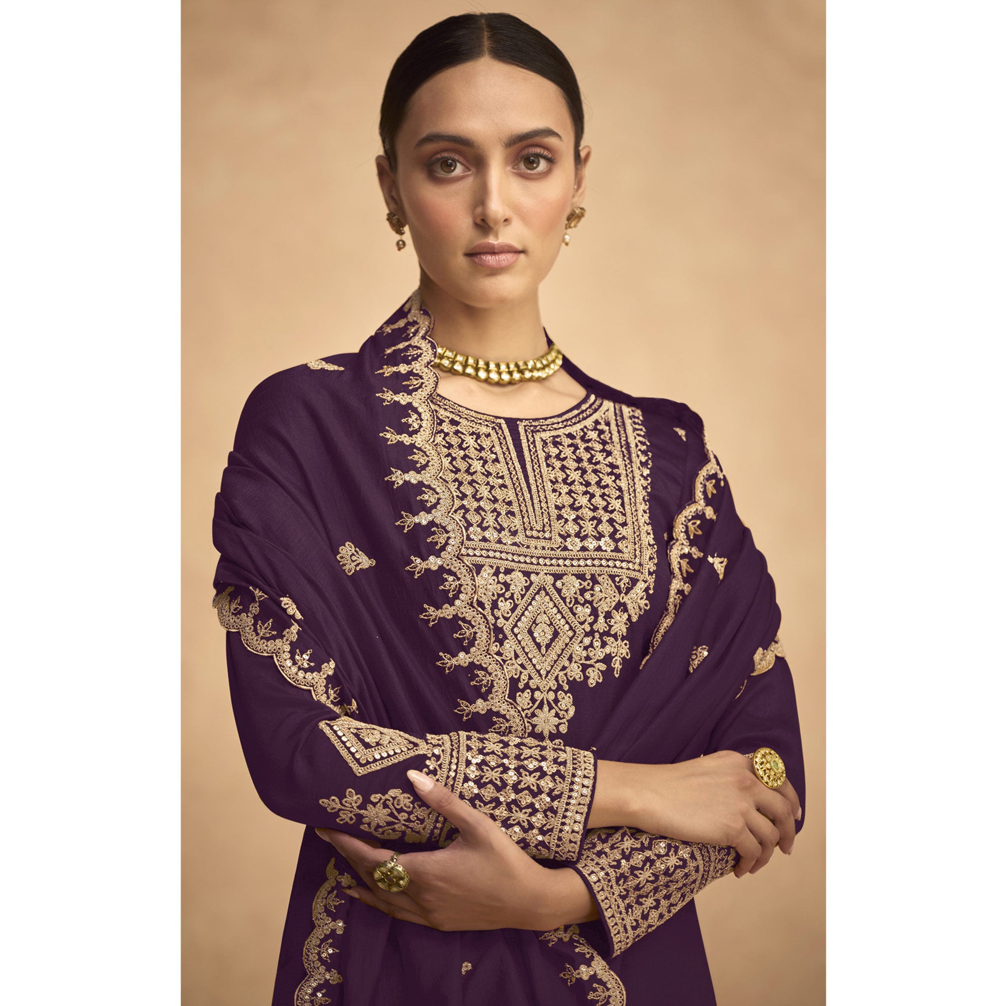 Purple Sequins Embroidered Georgette Palazzo Suit