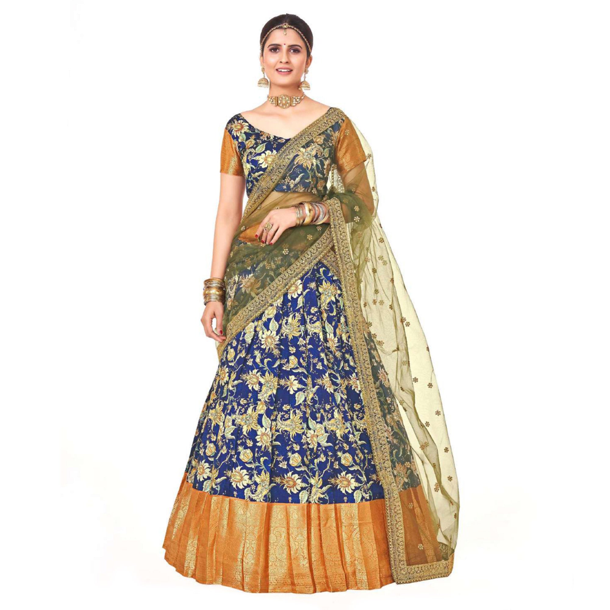 Navy Blue Digital Printed With Zari Work Art Silk Lehenga Choli