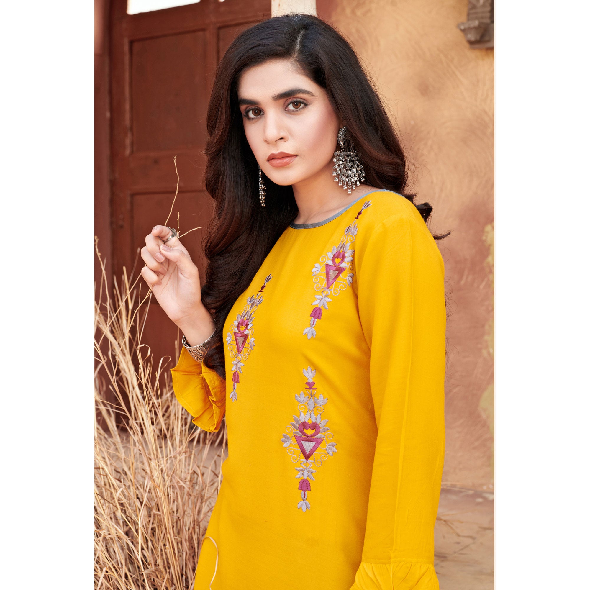 Yellow Floral Embroidered Rayon Kurti