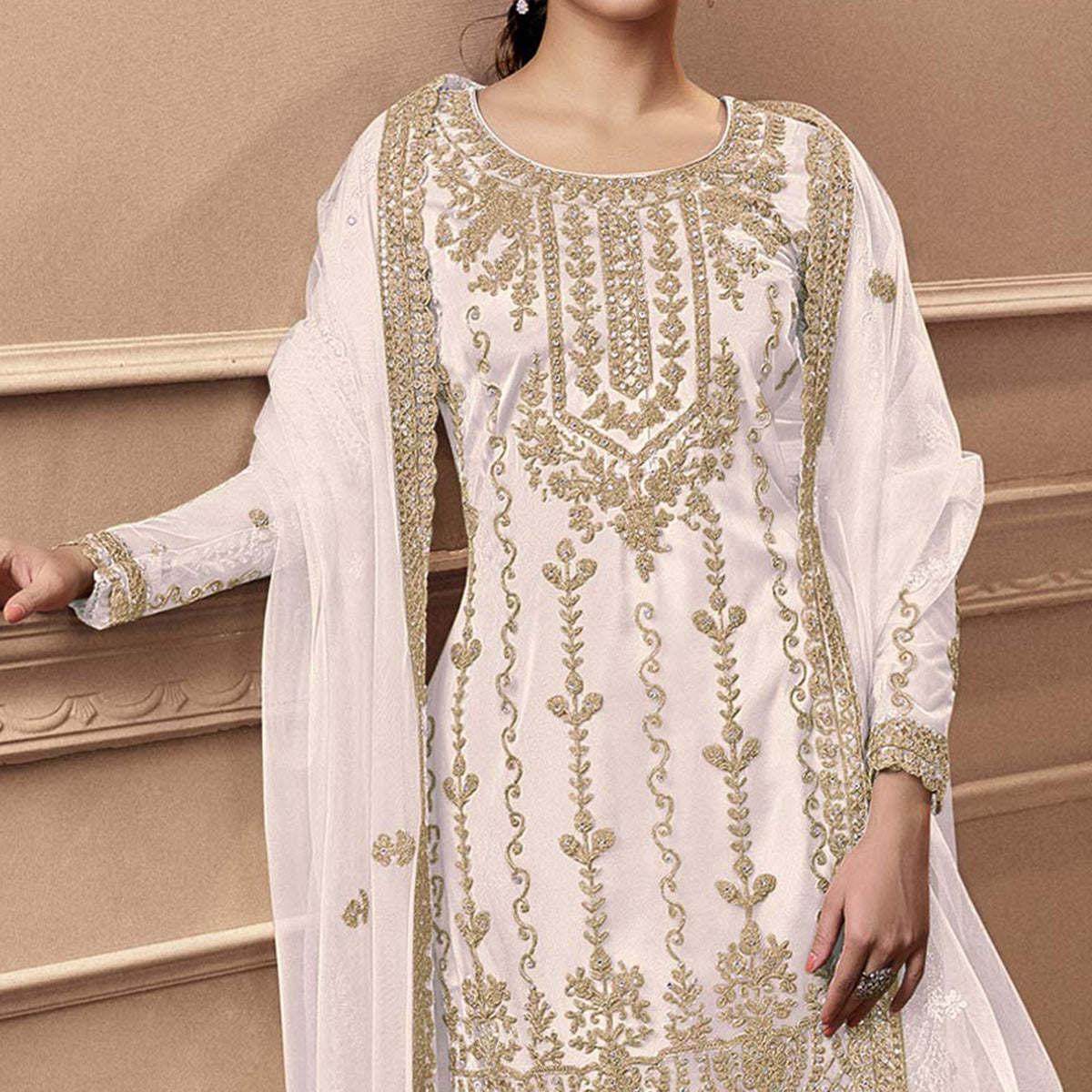 White Floral Embroidered Netted Pakistani Suit