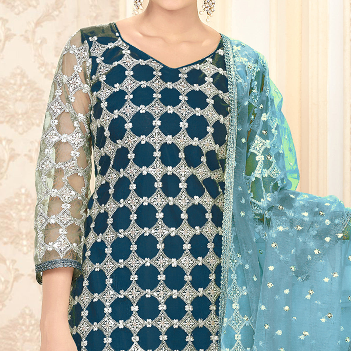 Morpich Sequins Embroidered Net Semi Stitched Suit