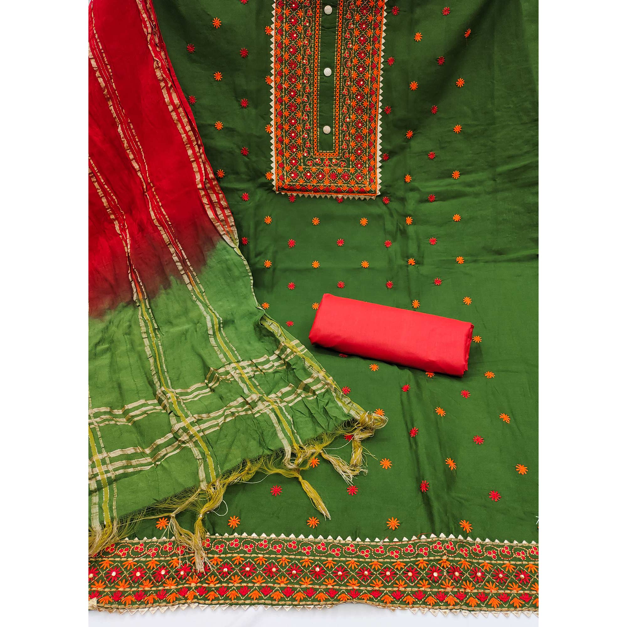 Green Floral Embroidered Cotton Blend Dress Material