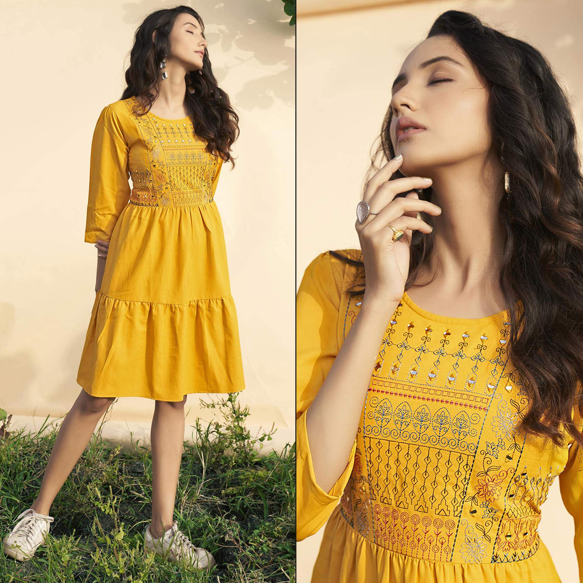 Yellow Embroidered Rayon Short Dress