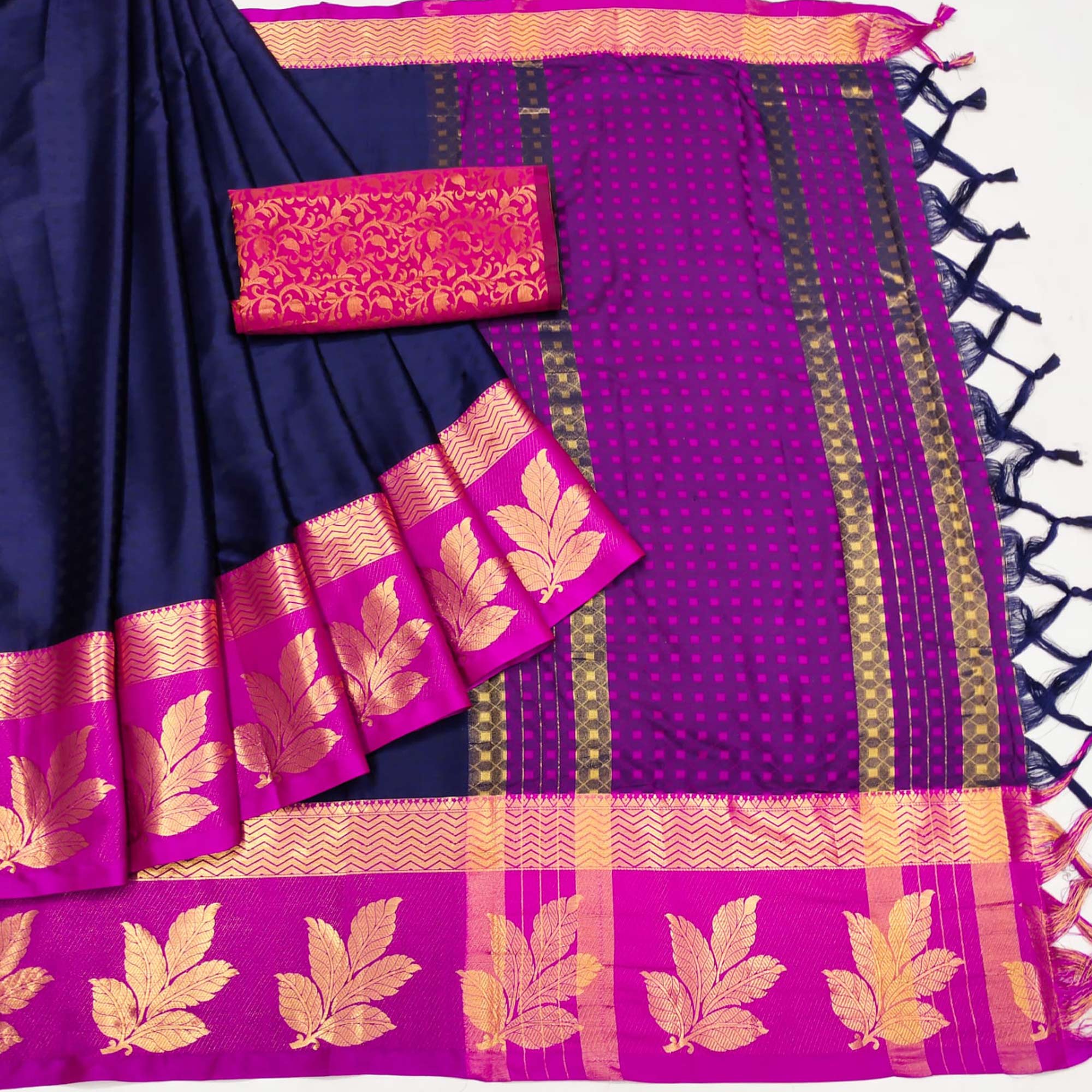 Navy Blue Woven Cotton Silk Saree With Tassels