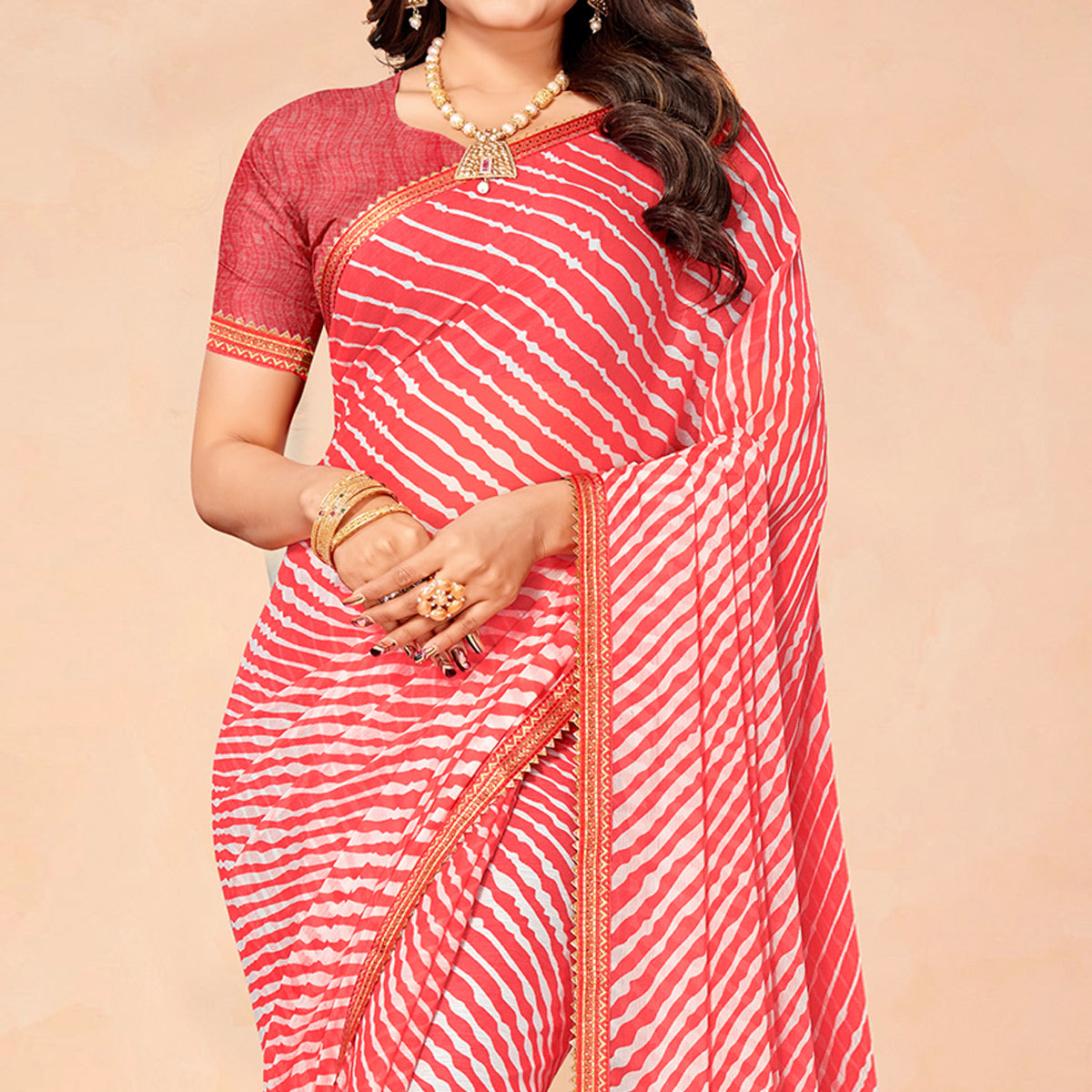 Salmon Pink Printed Chiffon Saree