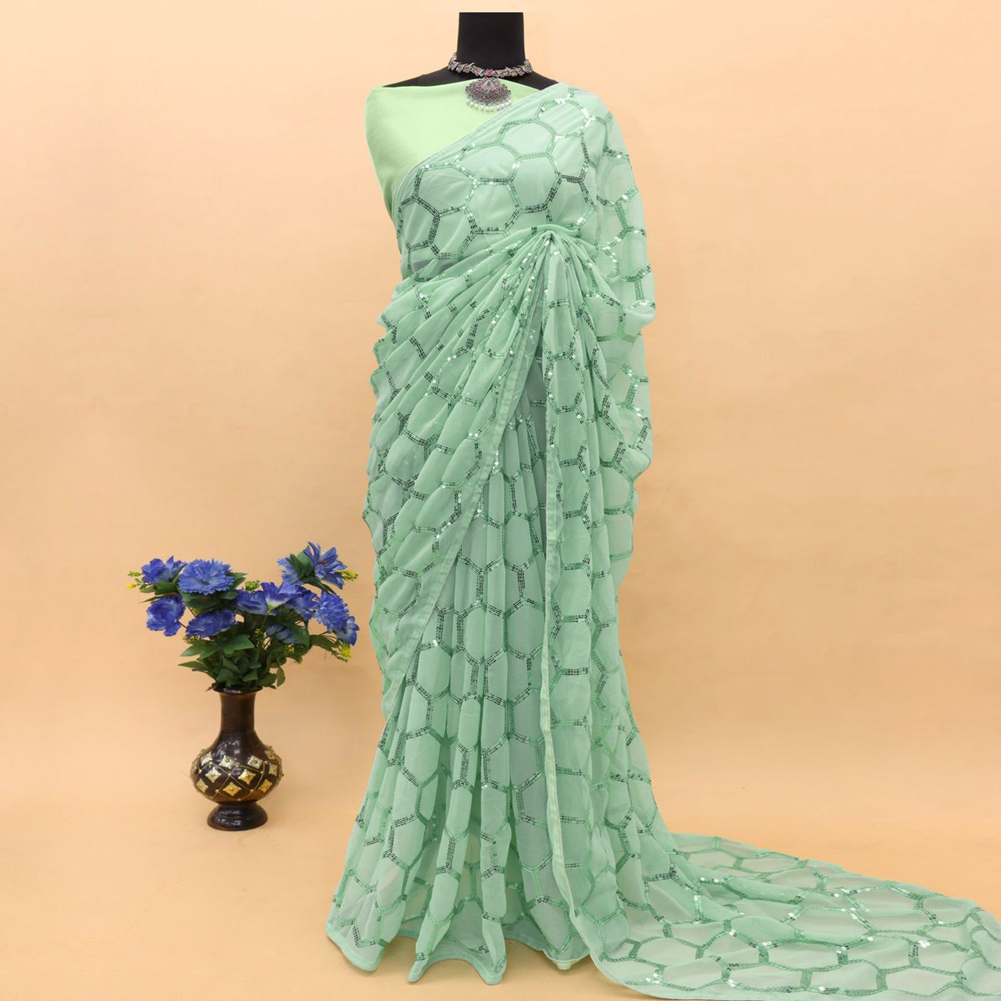 Pista Green Sequins Embroidered Georgette Saree