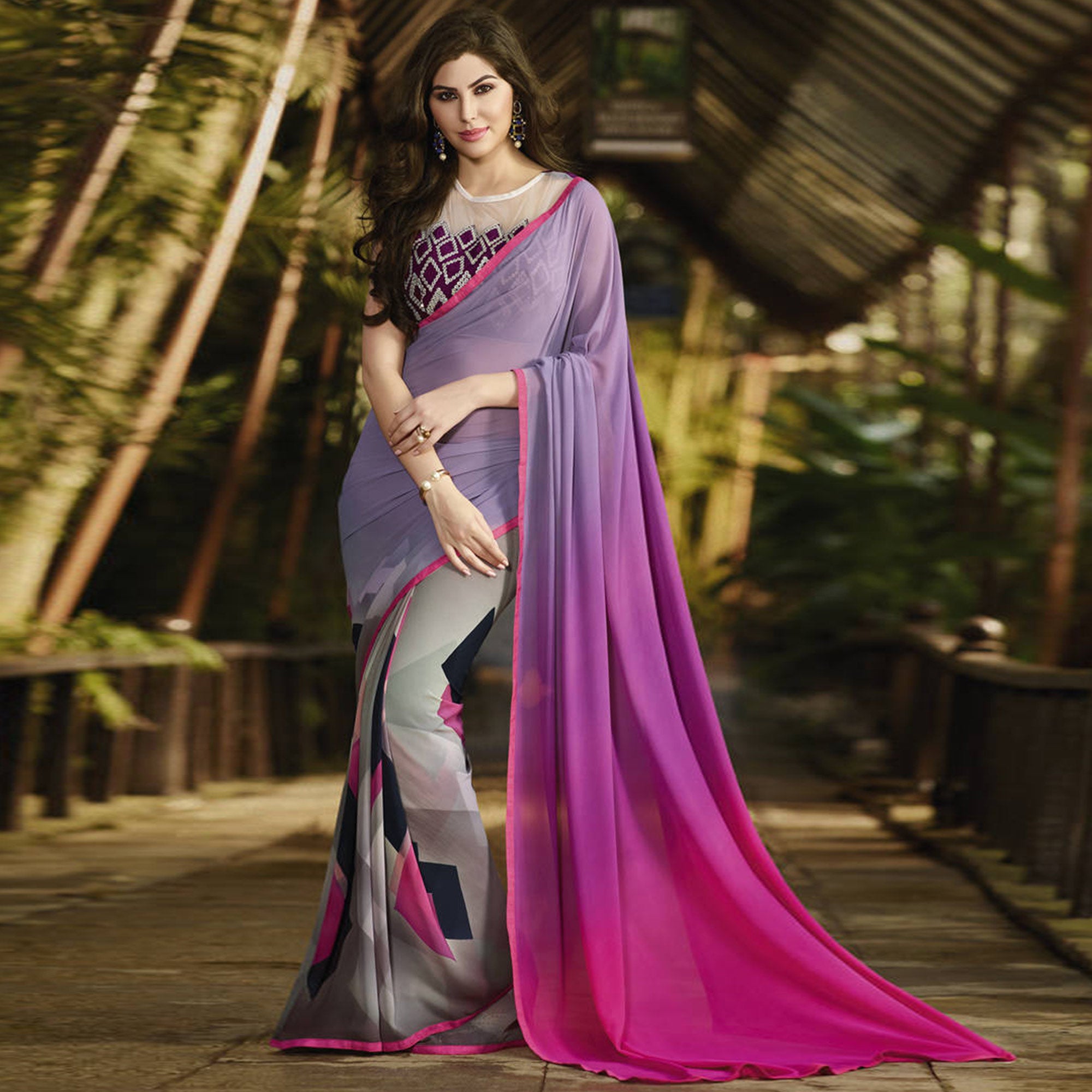 Pink Grey Digital Printed Georgette Saree