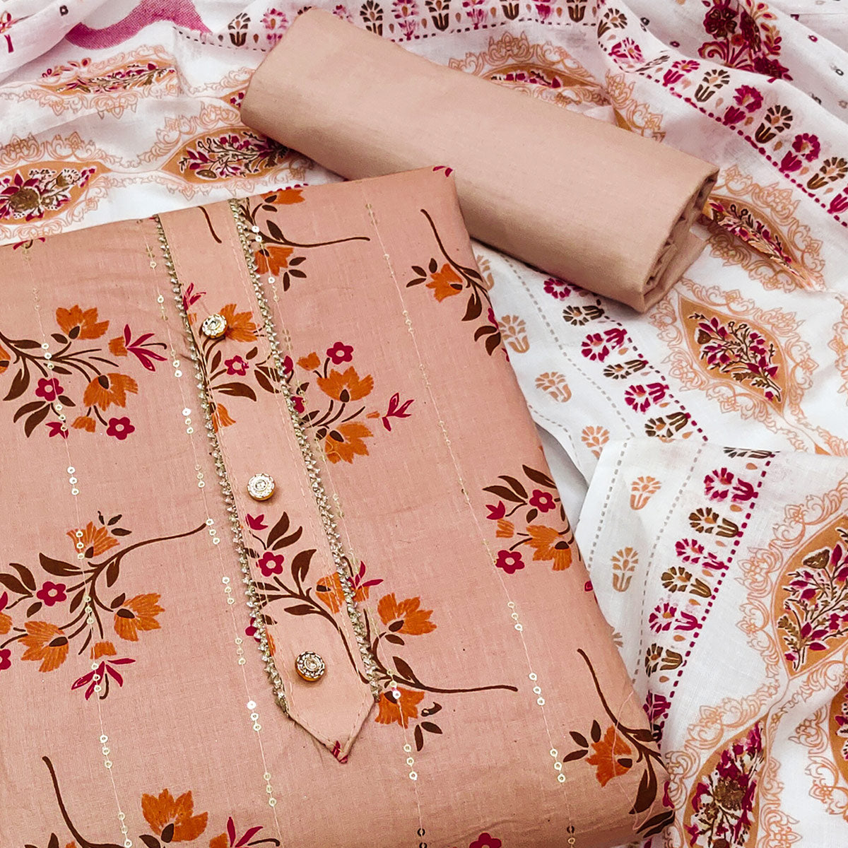 Peach Floral Printed With Embroidered Pure Cotton Dress Material