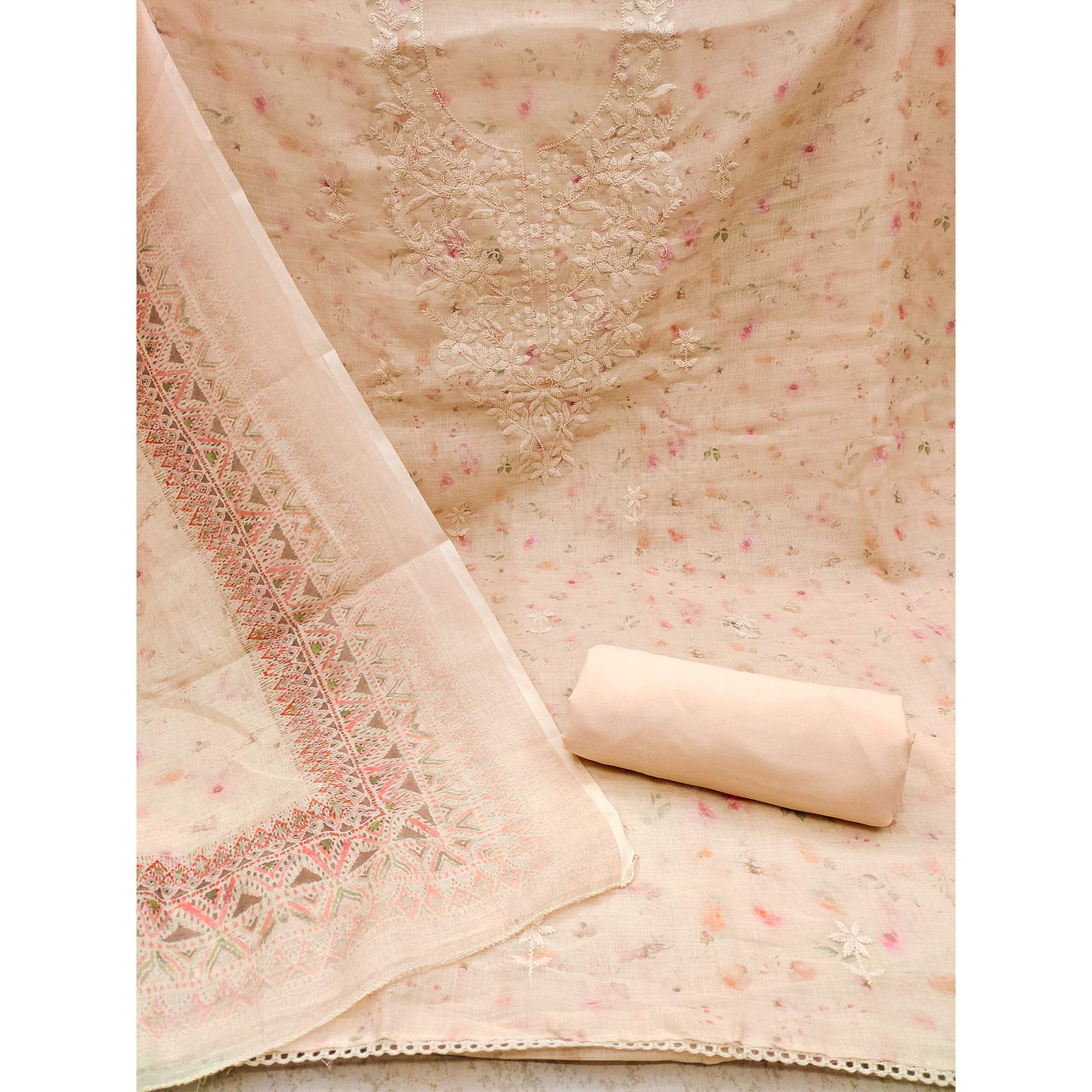 Beige Floral Printed Cotton Dress Material