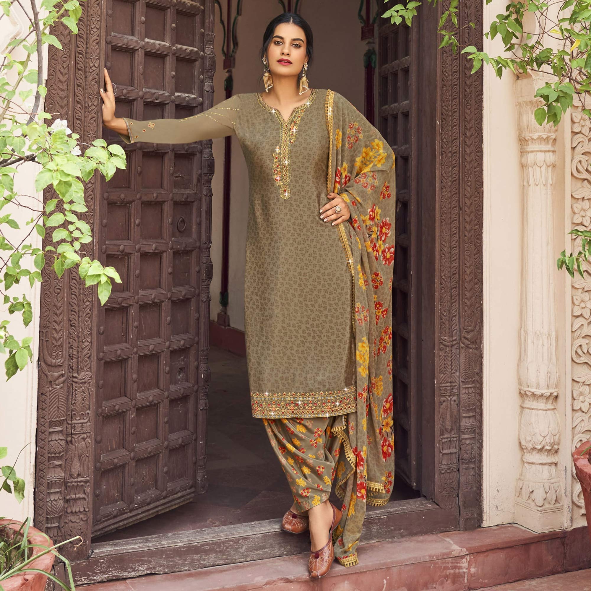 Brown Floral Embroidered Crepe Patiala Suit
