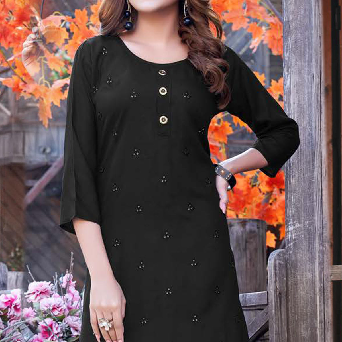 Black Sequins Embroidered Rayon Kurti