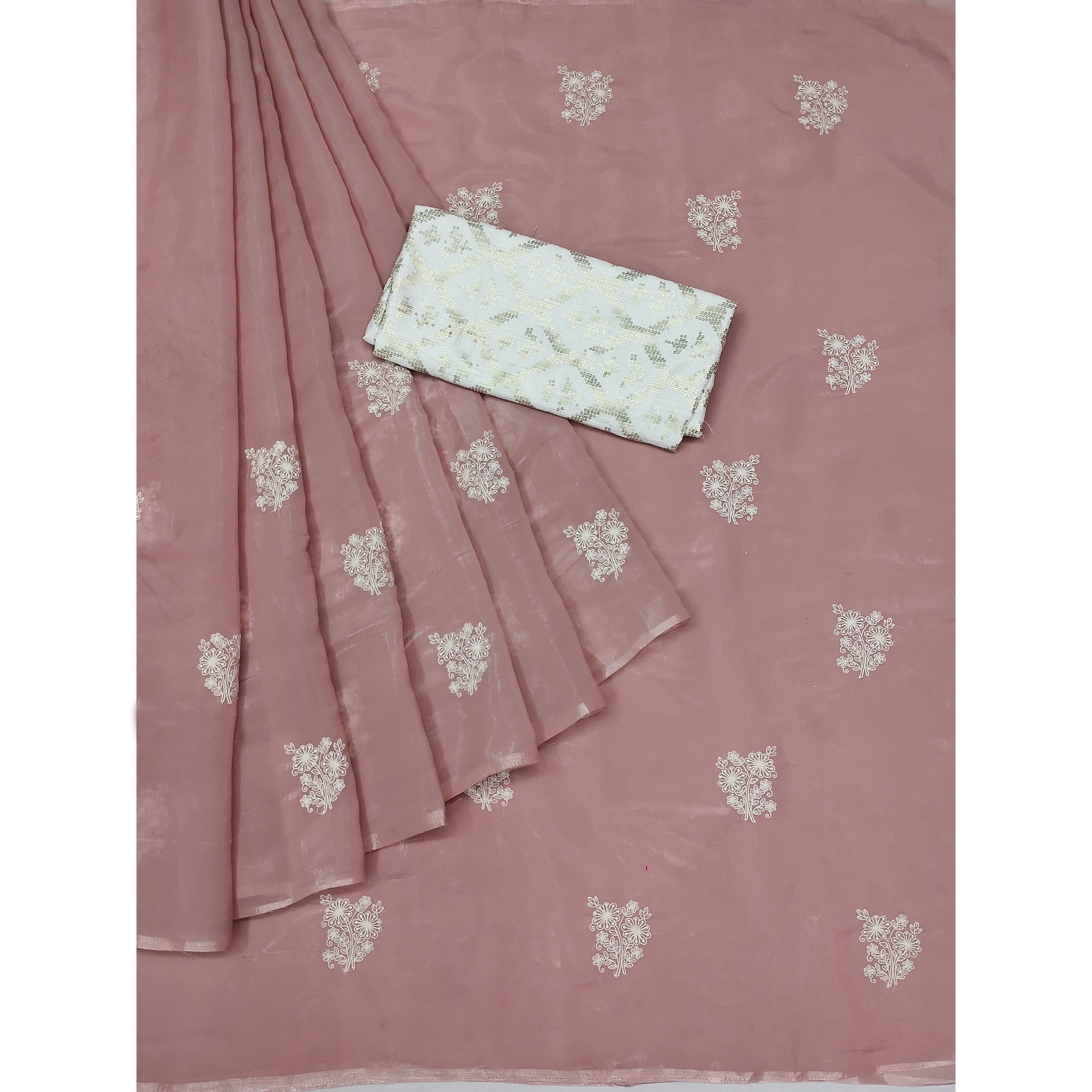 Dusty Pink Floral Embroidered Organza Saree