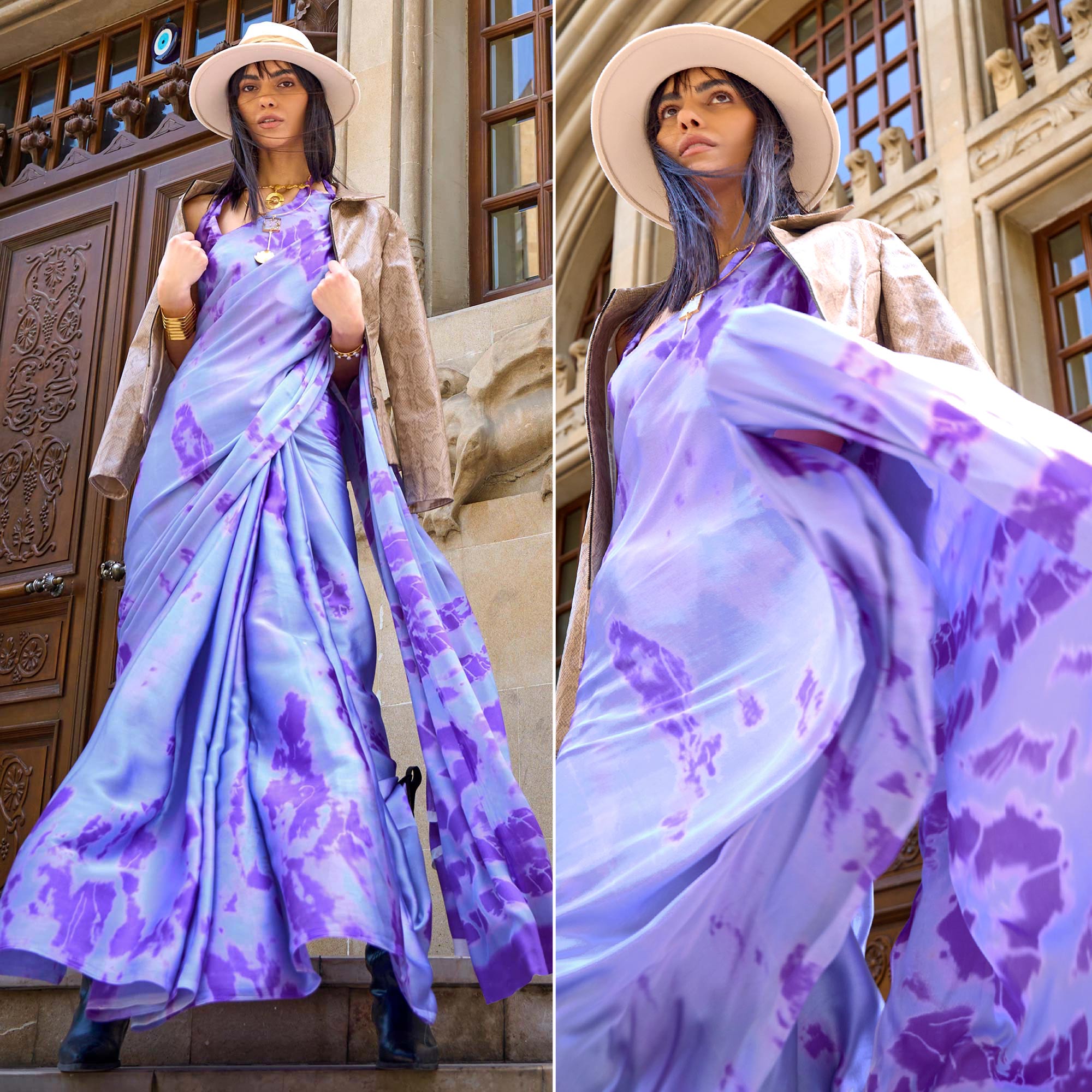 Lavender Printed Crepe Saree