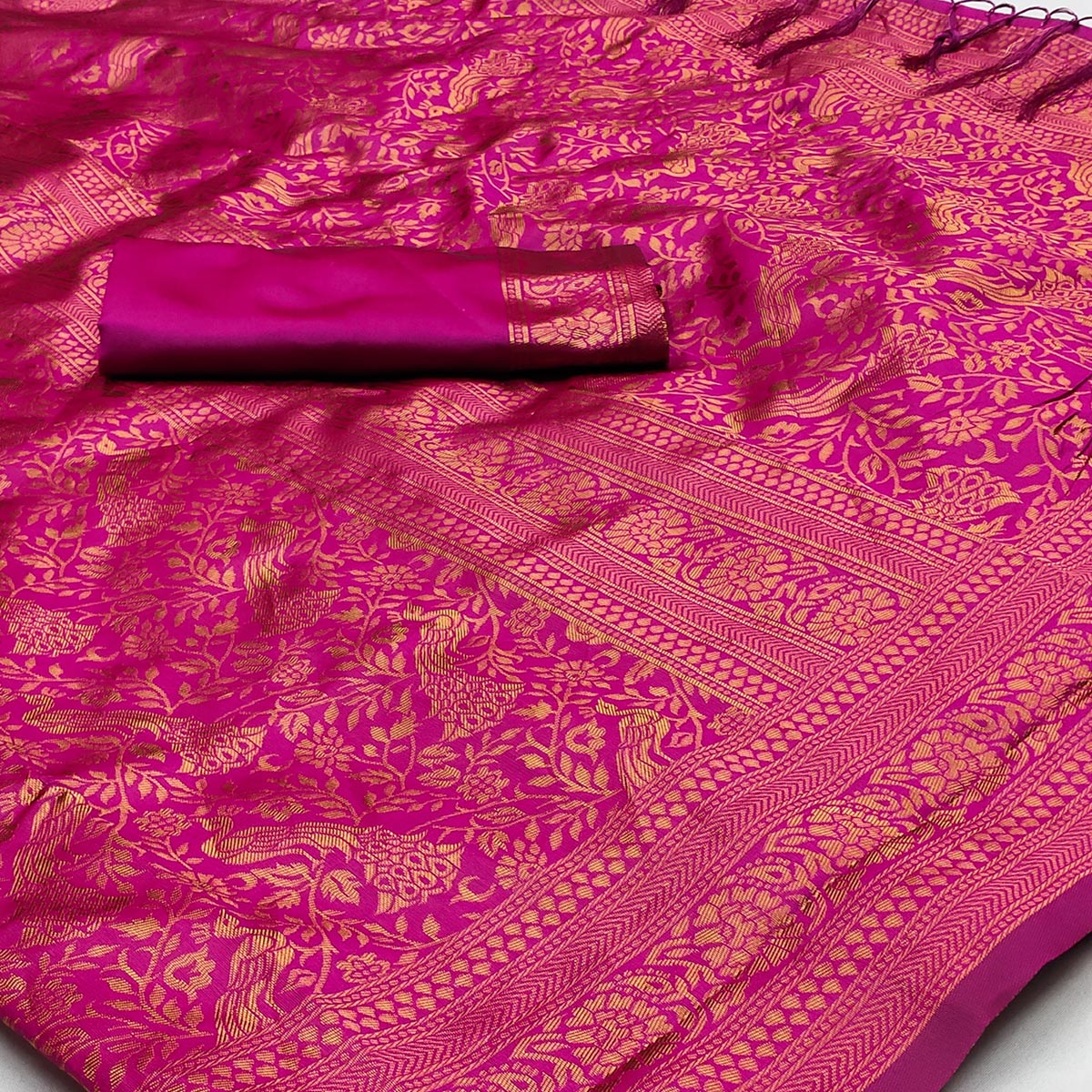 Pink Woven Art Silk Saree With Tassels