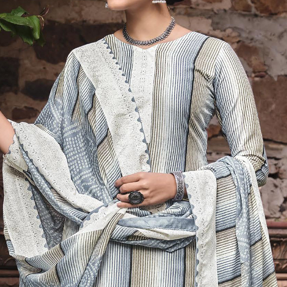 Grey Printed Pure Cotton Salwar Suit