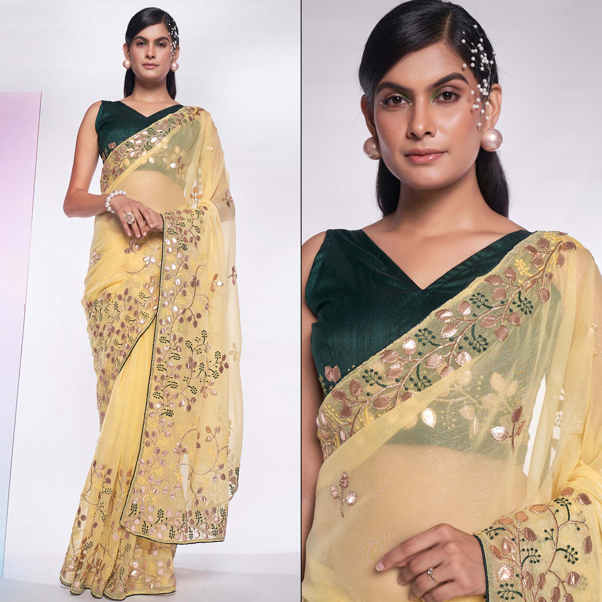 Yellow Floral Embroidered Georgette Saree