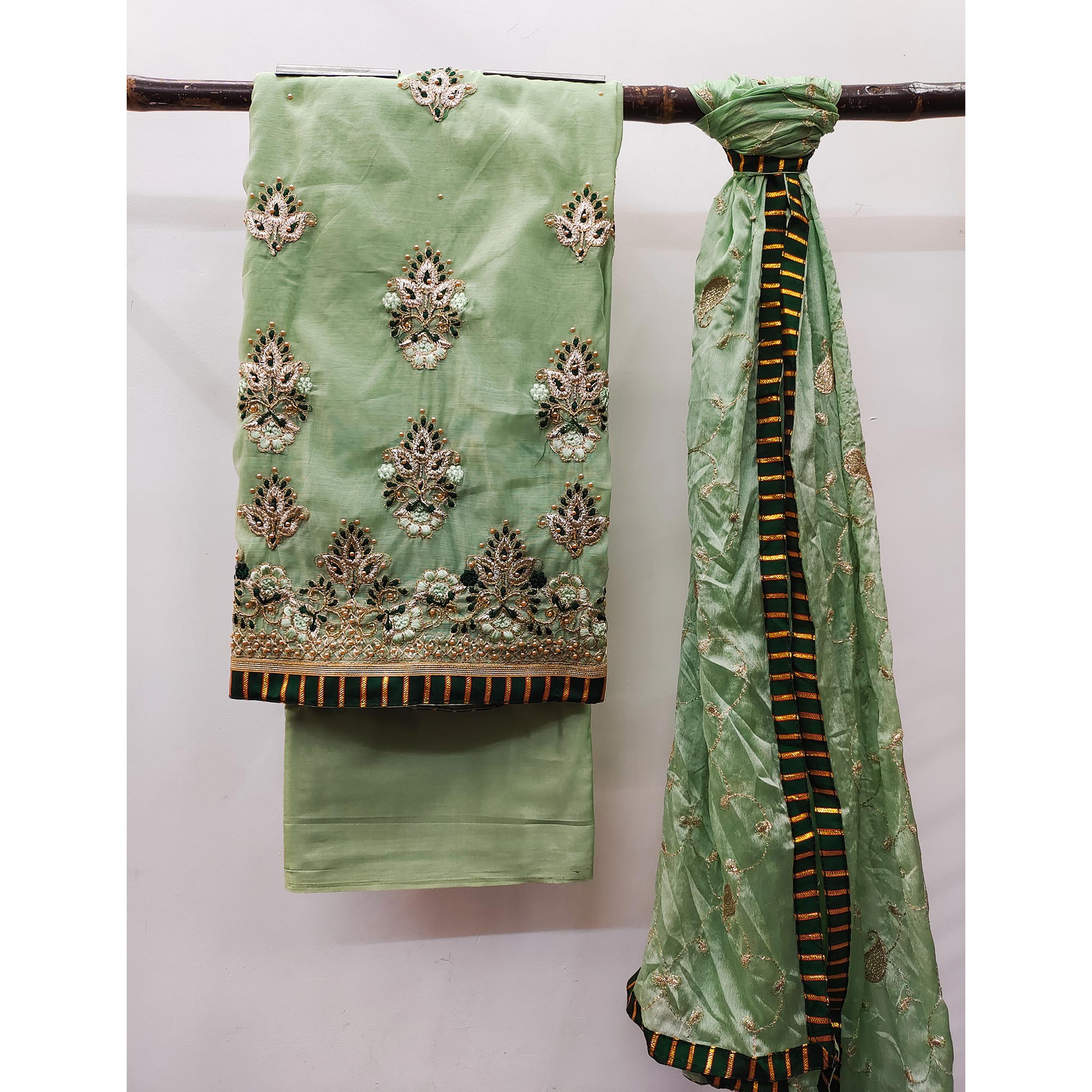 Green Floral Embroidered Modal Dress Material