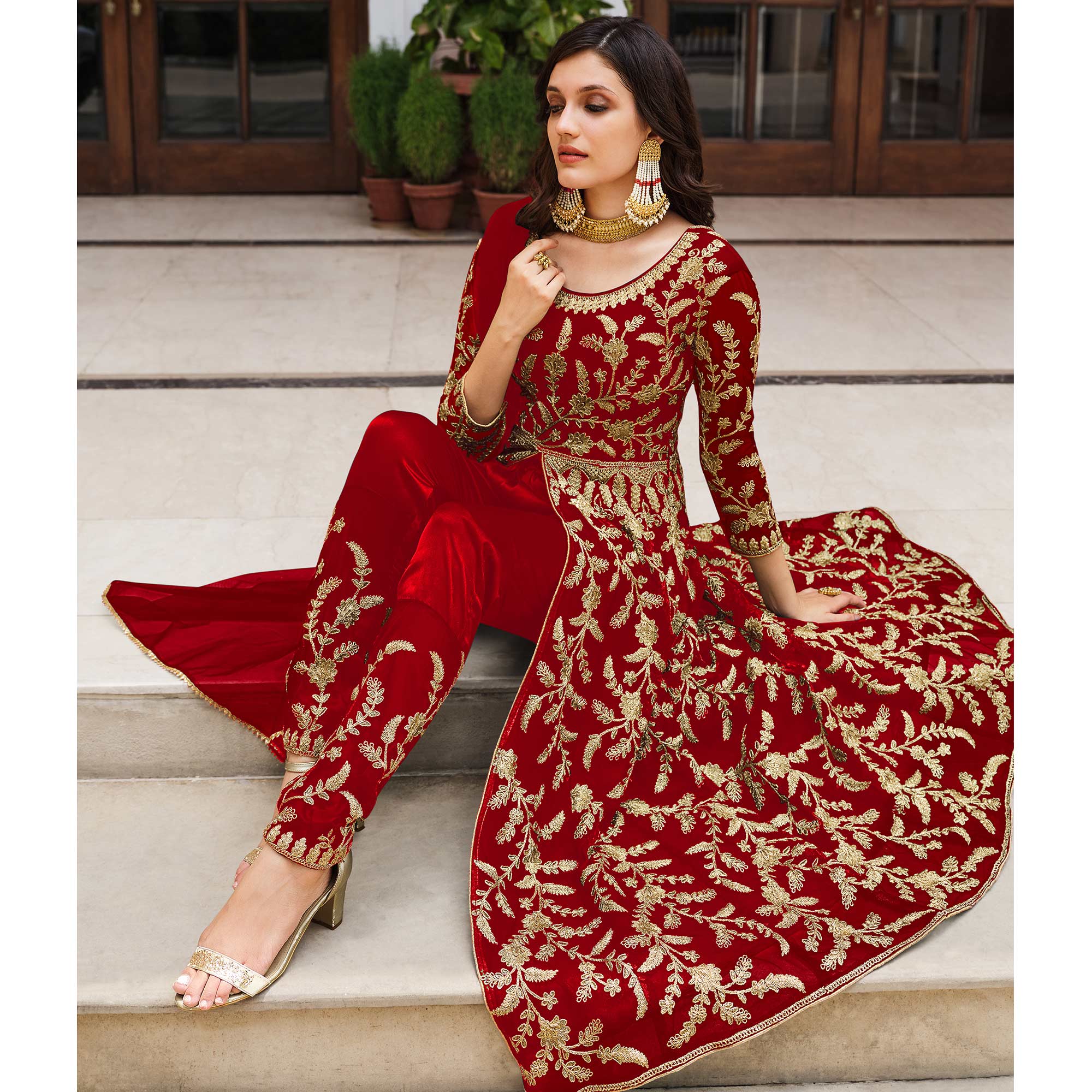 Red Floral Embroidered Net Suit