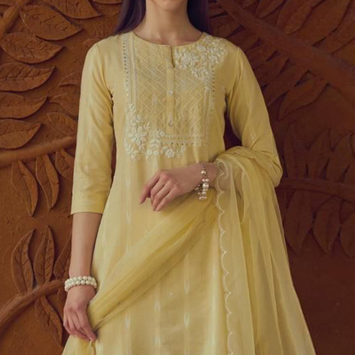 Yellow Kantha Embroidered Linen Salwar Suit