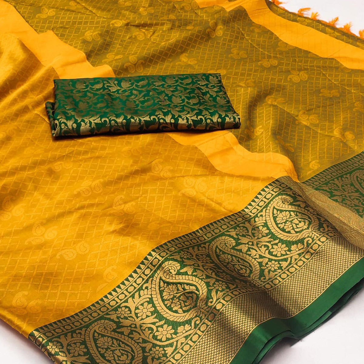 Golden Woven Cotton Silk Saree With Tassels