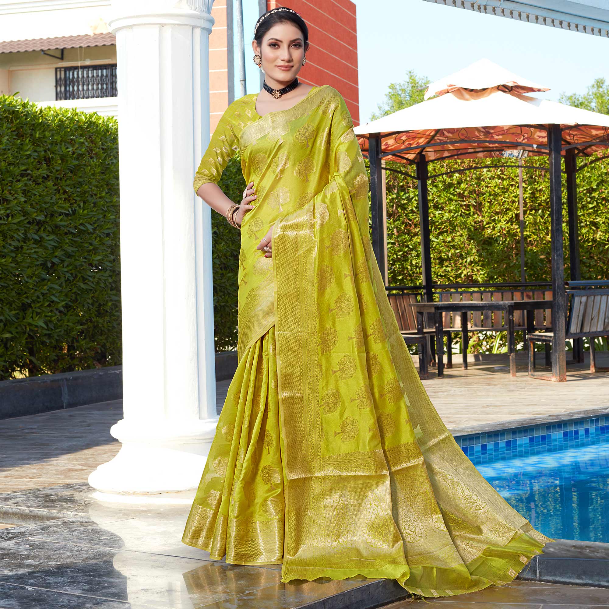 Lemon Green Woven Organza Saree