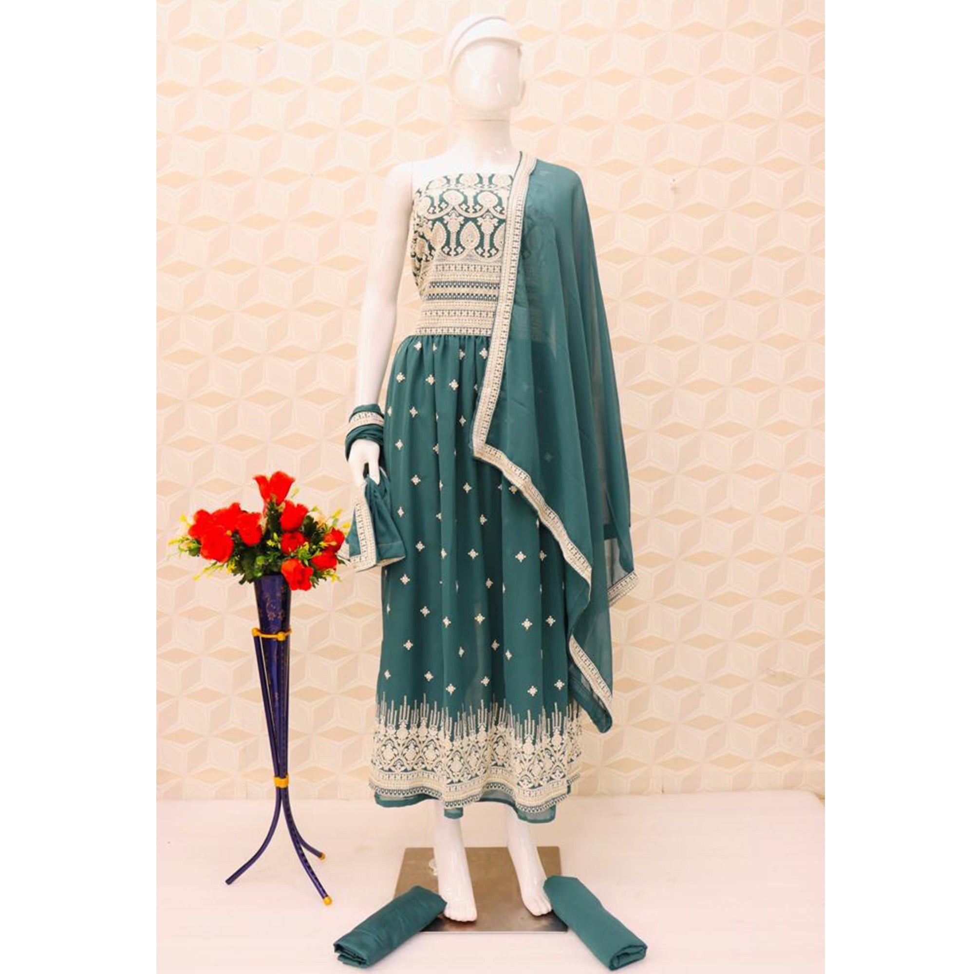 Teal Blue Sequins Embroidered Georgette Semi Stitched Naira Cut Palazzo Suit