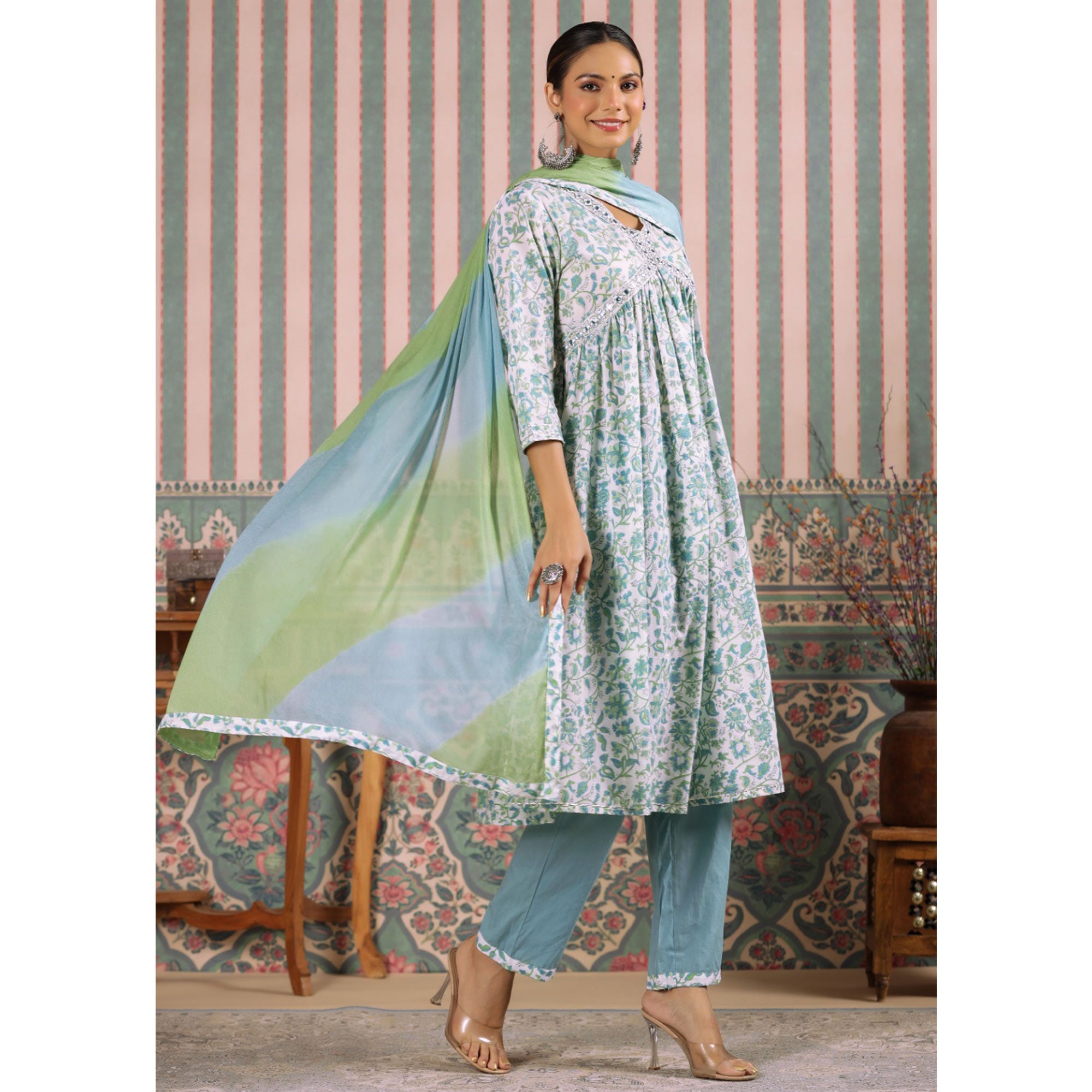 Aqua Blue Floral Printed Pure Cotton Alia Cut Suit