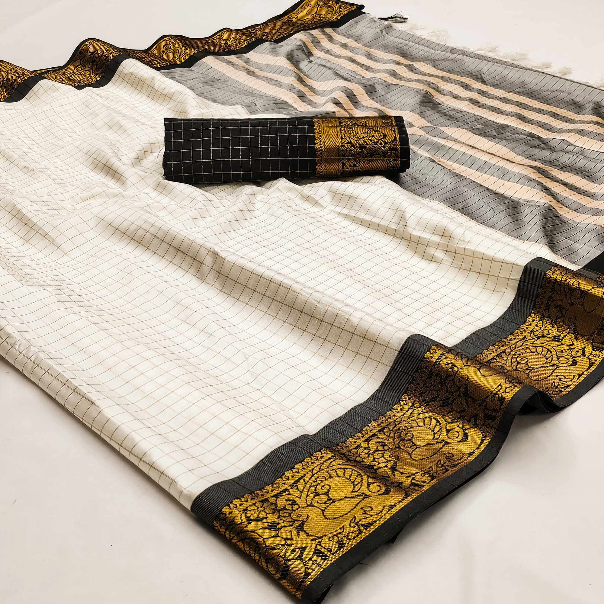 Cream And Black Woven Cotton Silk Saree With Tassels