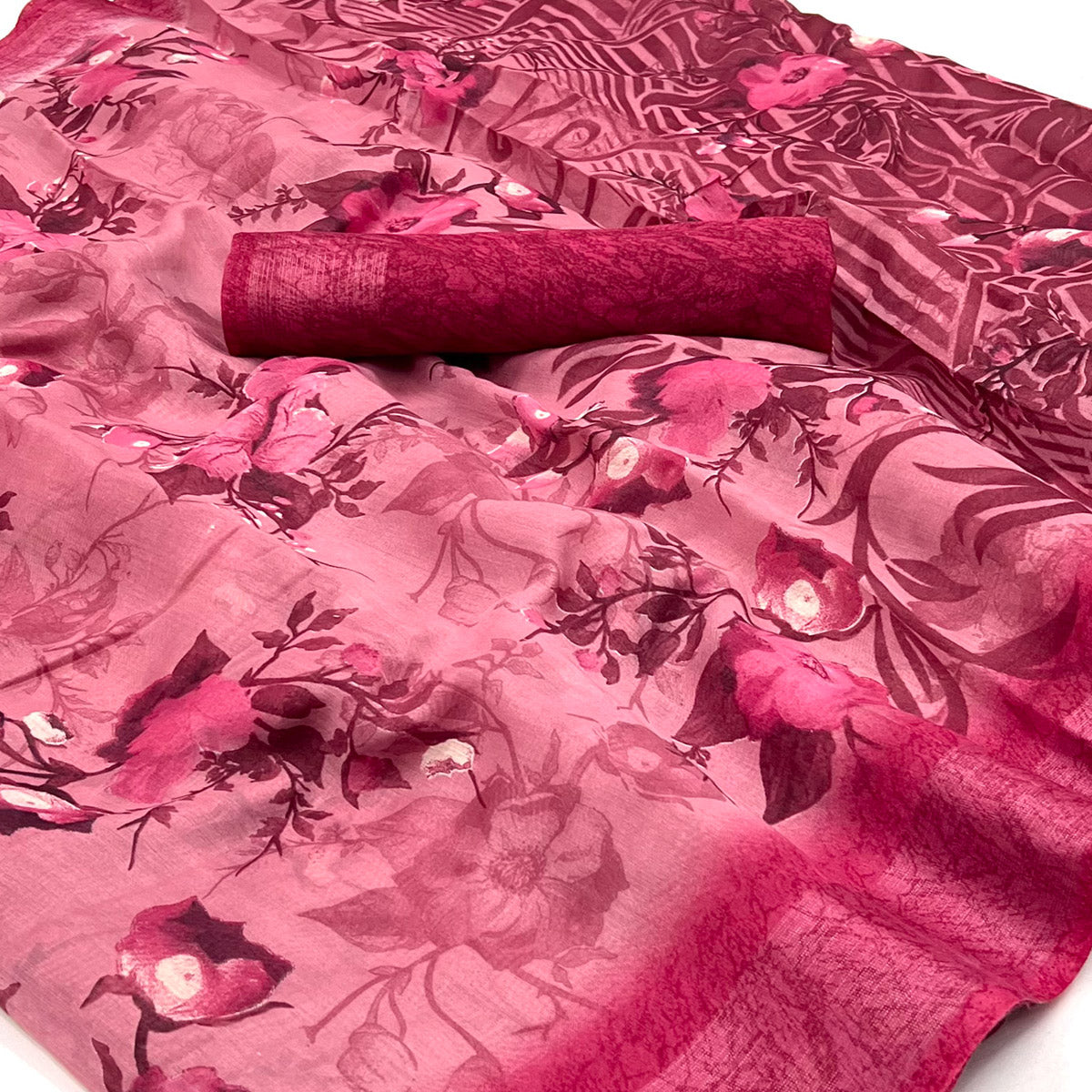 Pink Floral Printed Linen Saree