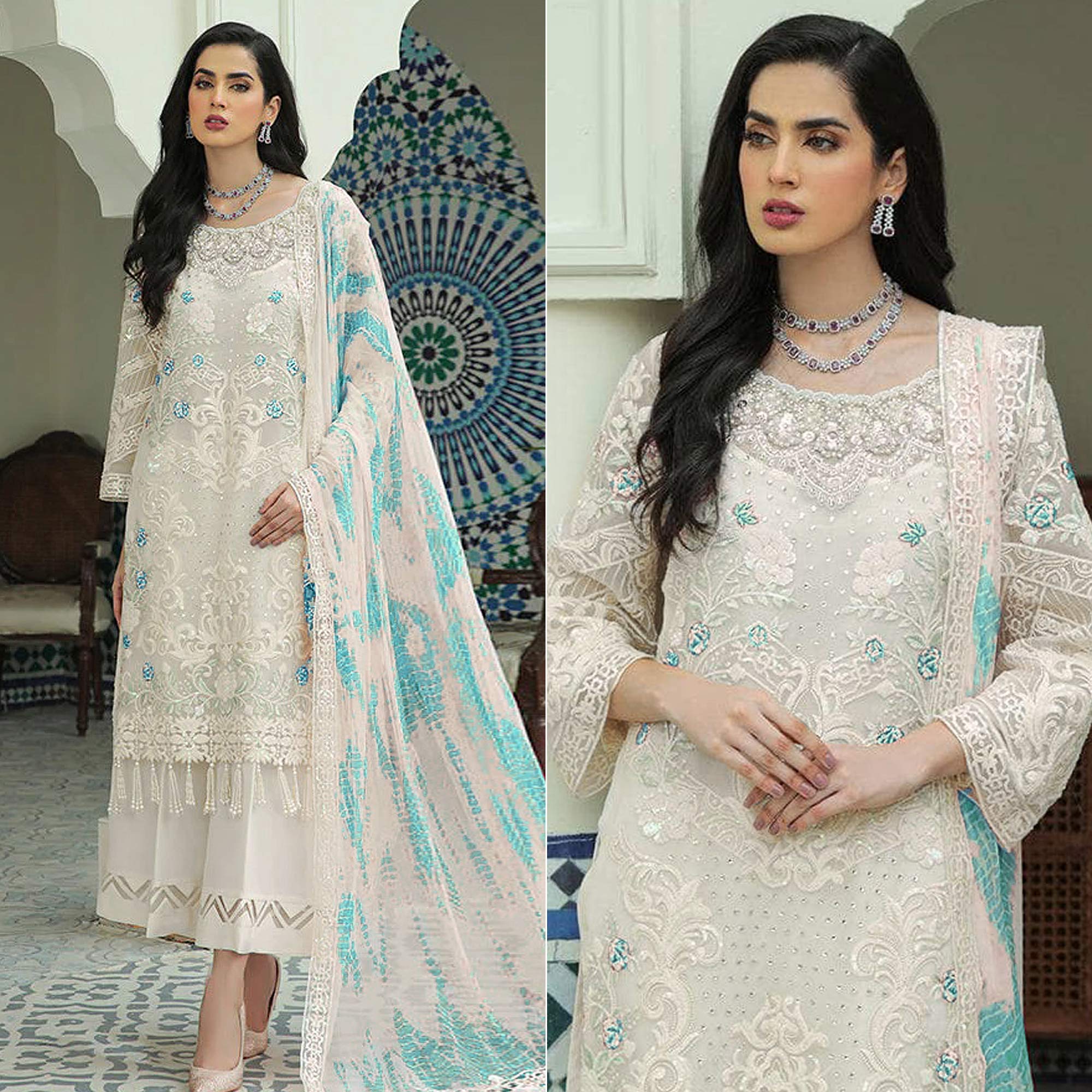 White Sequins Embroidered Georgette Pakistani Suit