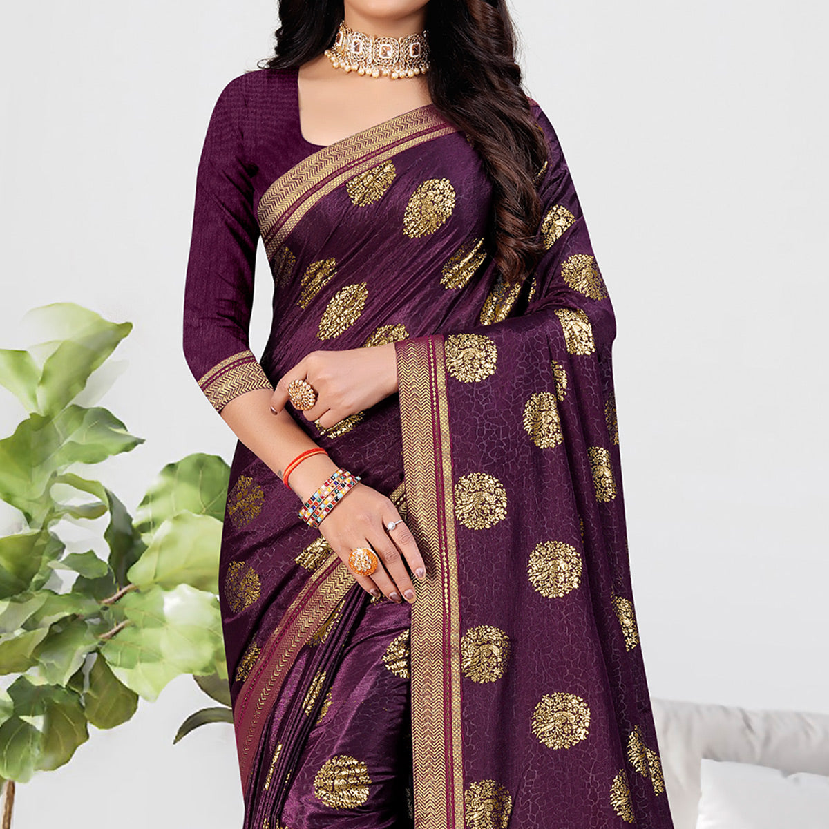 Purple Foil Printed Chiffon Saree
