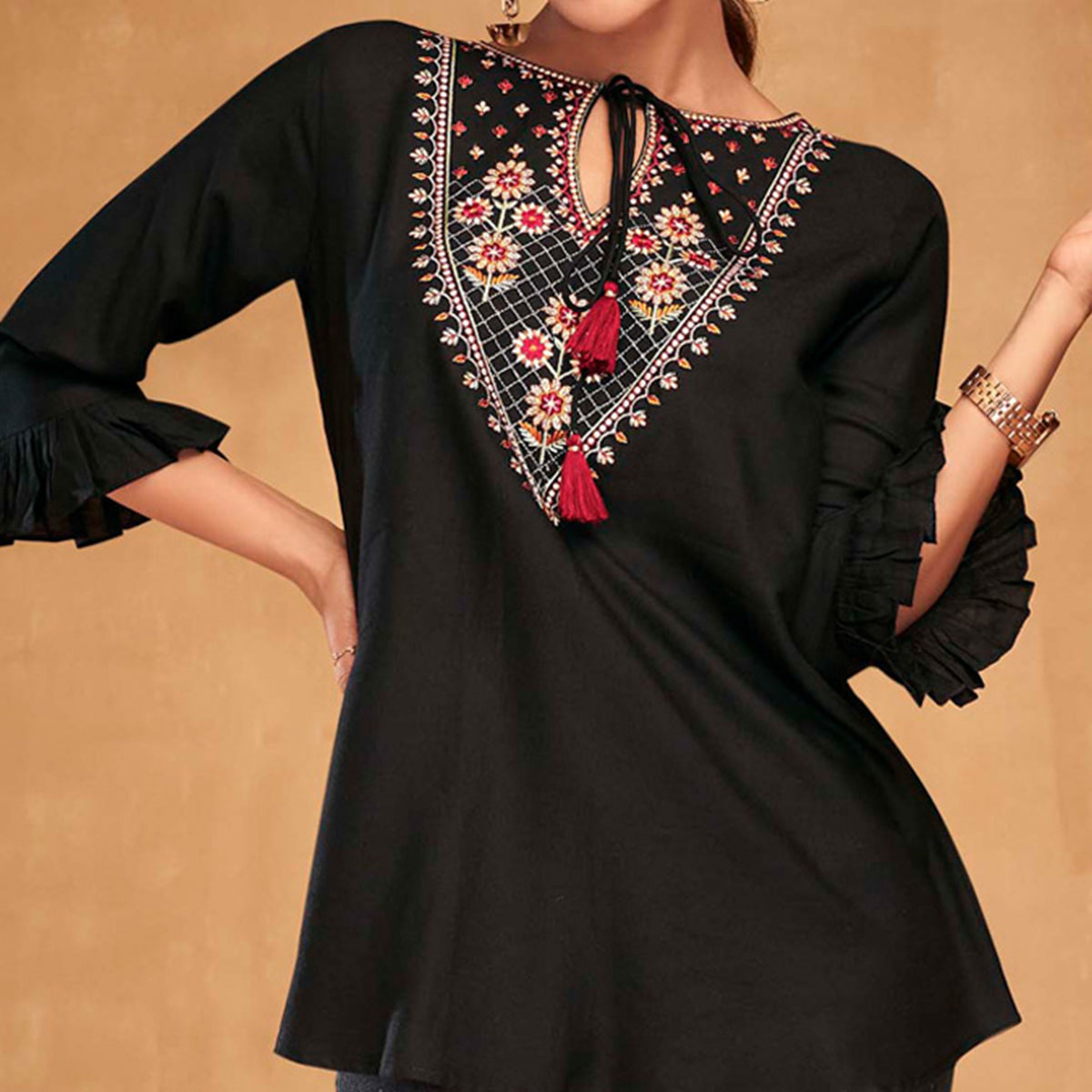 Black Floral Embroidered Rayon Top